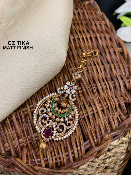 Matte Gold Finish Multicolor CZ tikka | Indian Head Piece Jewelry | AD Stones Maang Tikka | American Diamond Indian mang tikka jewelry