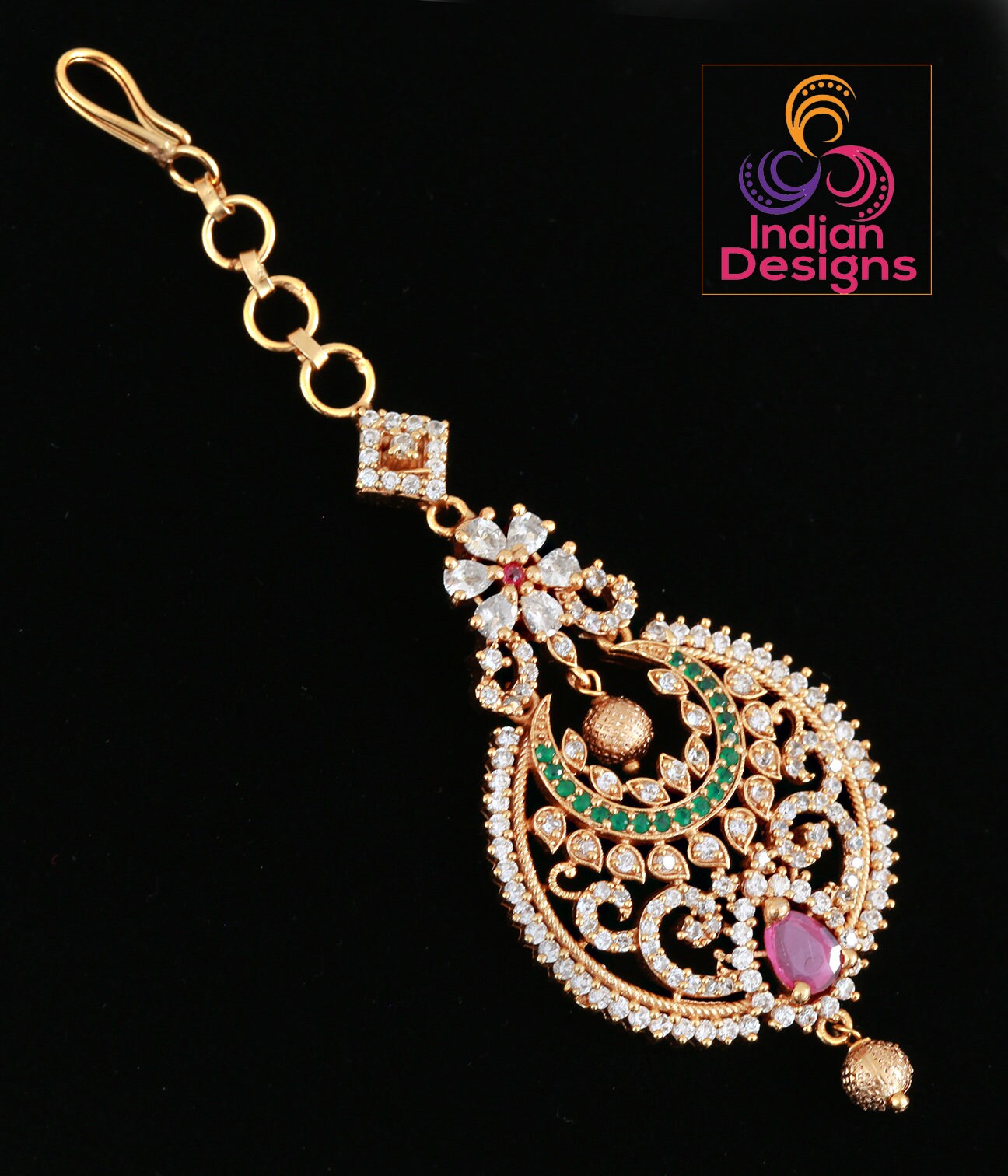 Matte Gold Finish Multicolor CZ tikka | Indian Head Piece Jewelry | AD Stones Maang Tikka | American Diamond Indian mang tikka jewelry