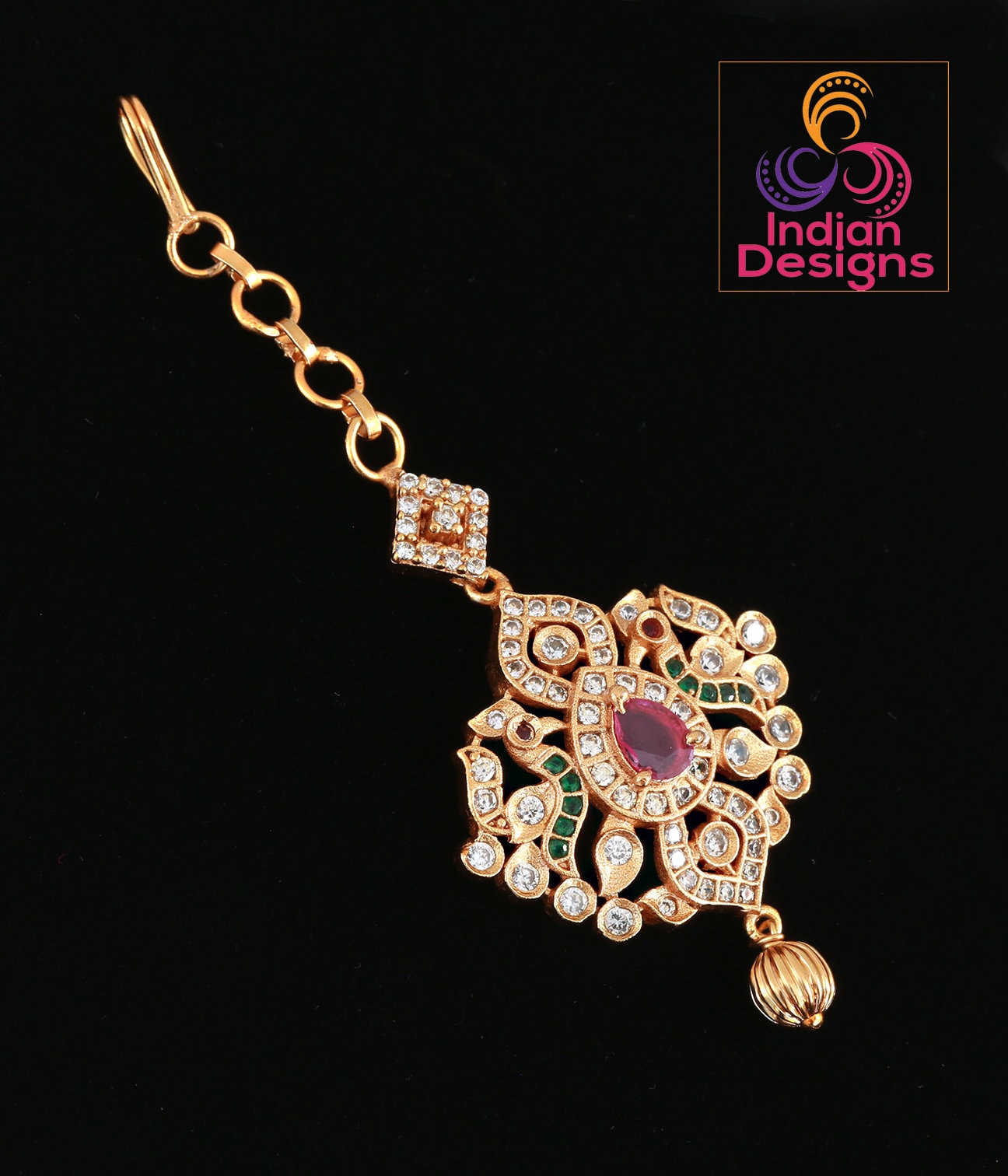 Matte Gold Finish Multicolor CZ tikka | Indian Head Piece Jewelry | AD Stones Maang Tikka | American Diamond Indian mang tikka jewelry