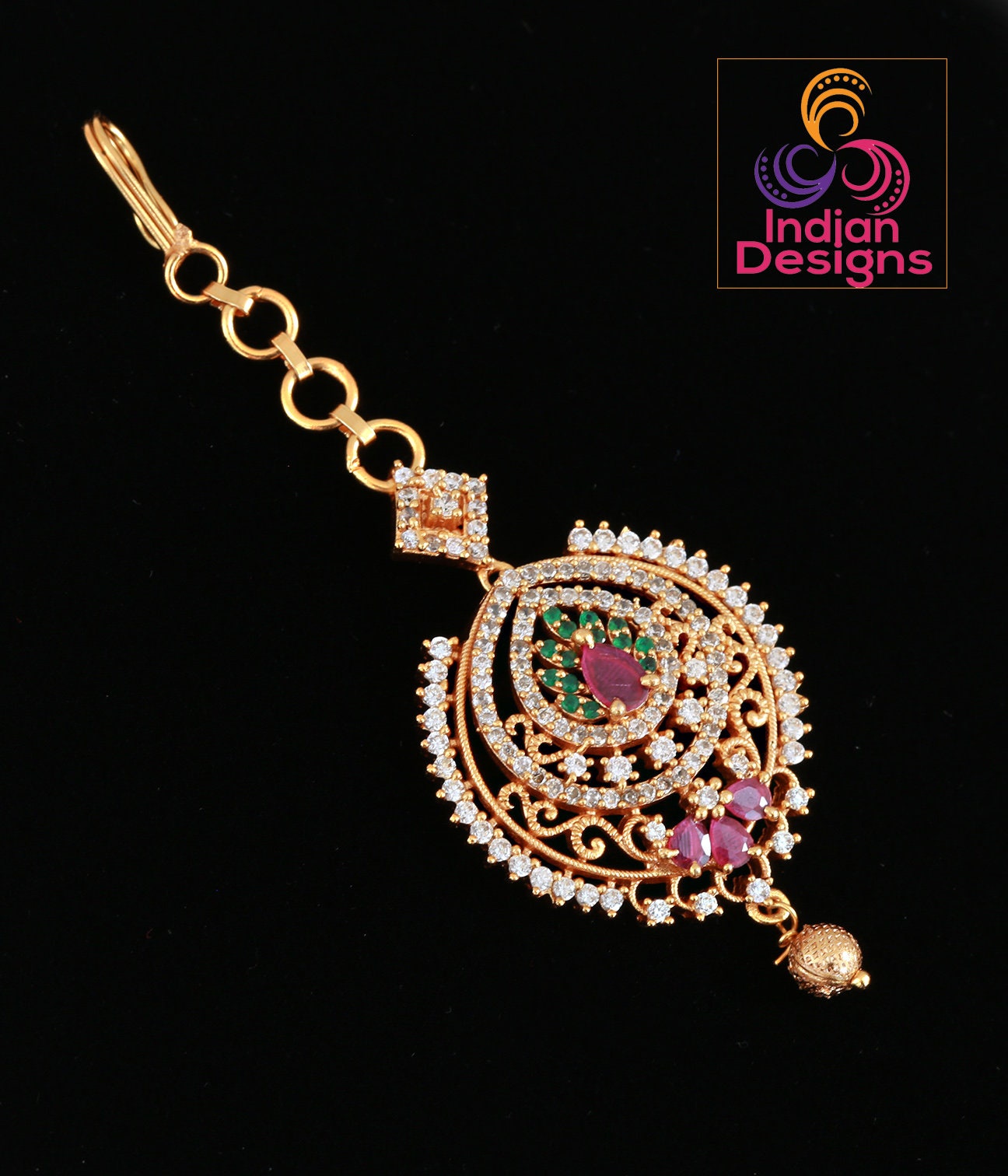 Matte Gold Finish Multicolor CZ tikka | Indian Head Piece Jewelry | AD Stones Maang Tikka | American Diamond Indian mang tikka jewelry