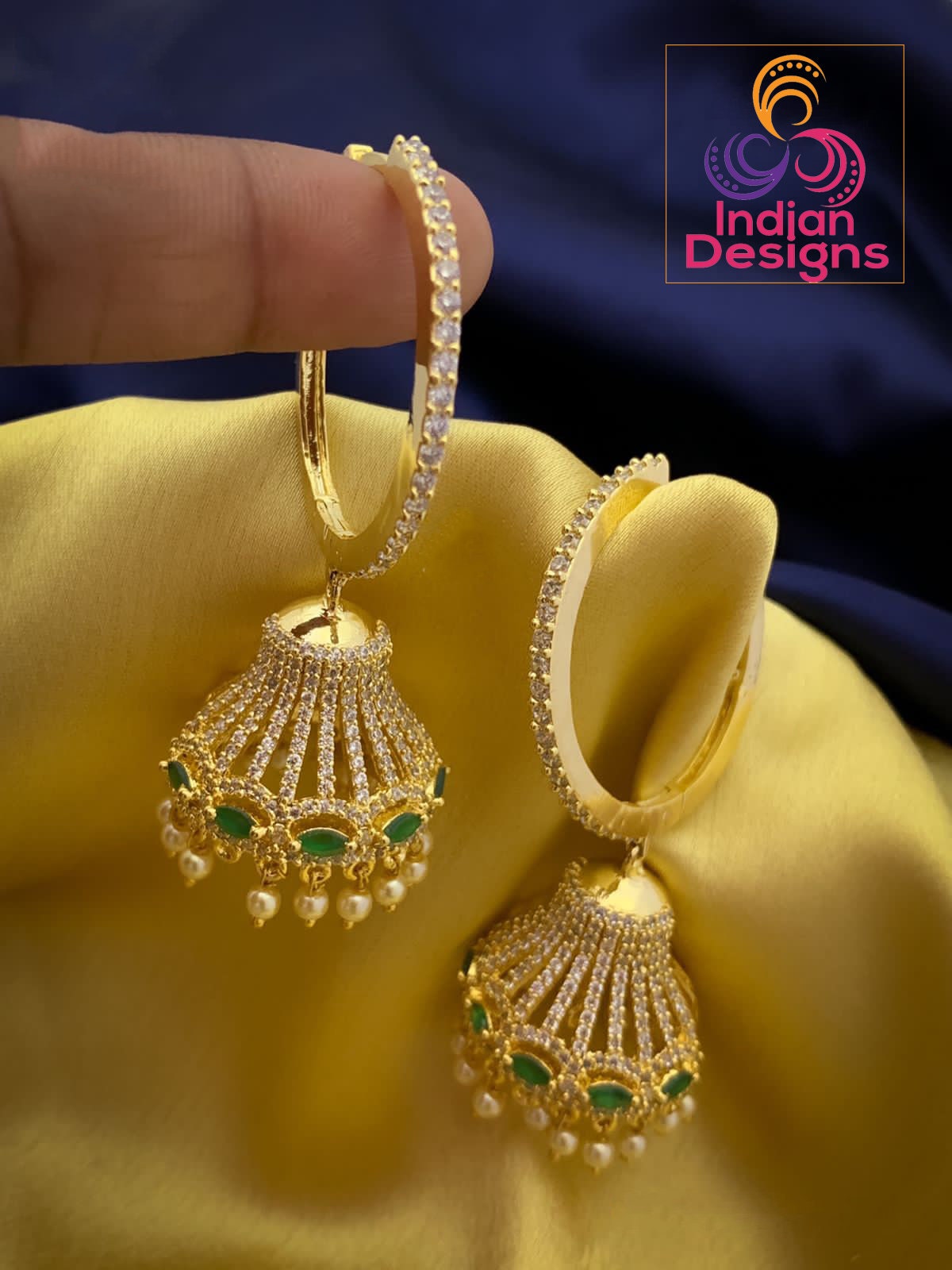 Big Hoop diamond Jhumkas Earrings | Gold hoop earrings with Jhumka | American Diamond Jhumka Jhumki Earrings with Pearl drops
