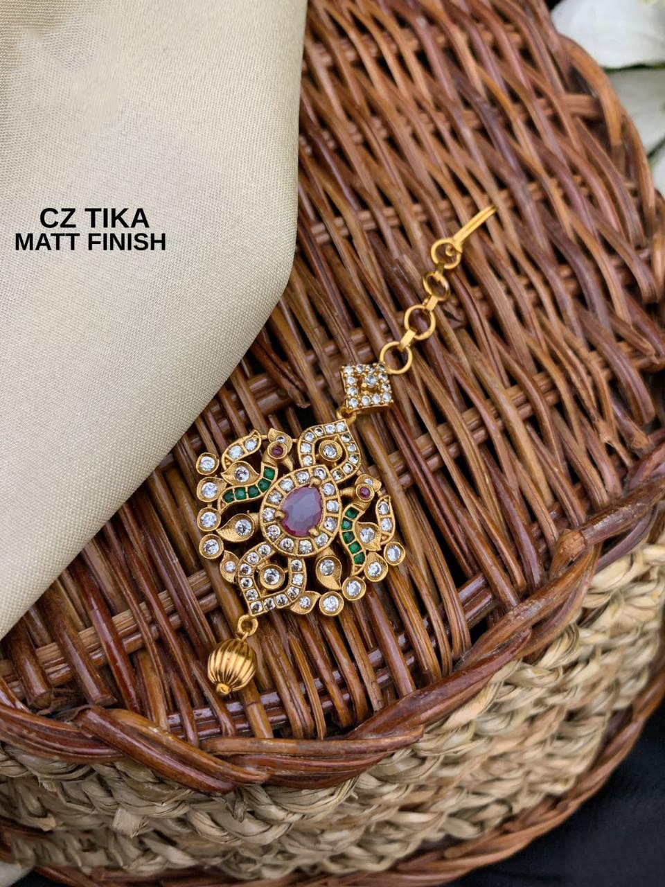 Matte Gold Finish Multicolor CZ tikka | Indian Head Piece Jewelry | AD Stones Maang Tikka | American Diamond Indian mang tikka jewelry