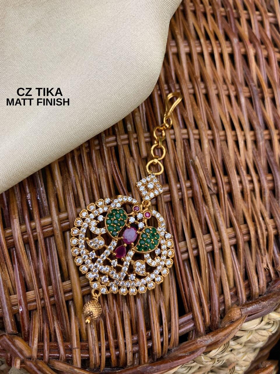 Matte Gold Finish Multicolor CZ tikka | Indian Head Piece Jewelry | AD Stones Maang Tikka | American Diamond Indian mang tikka jewelry
