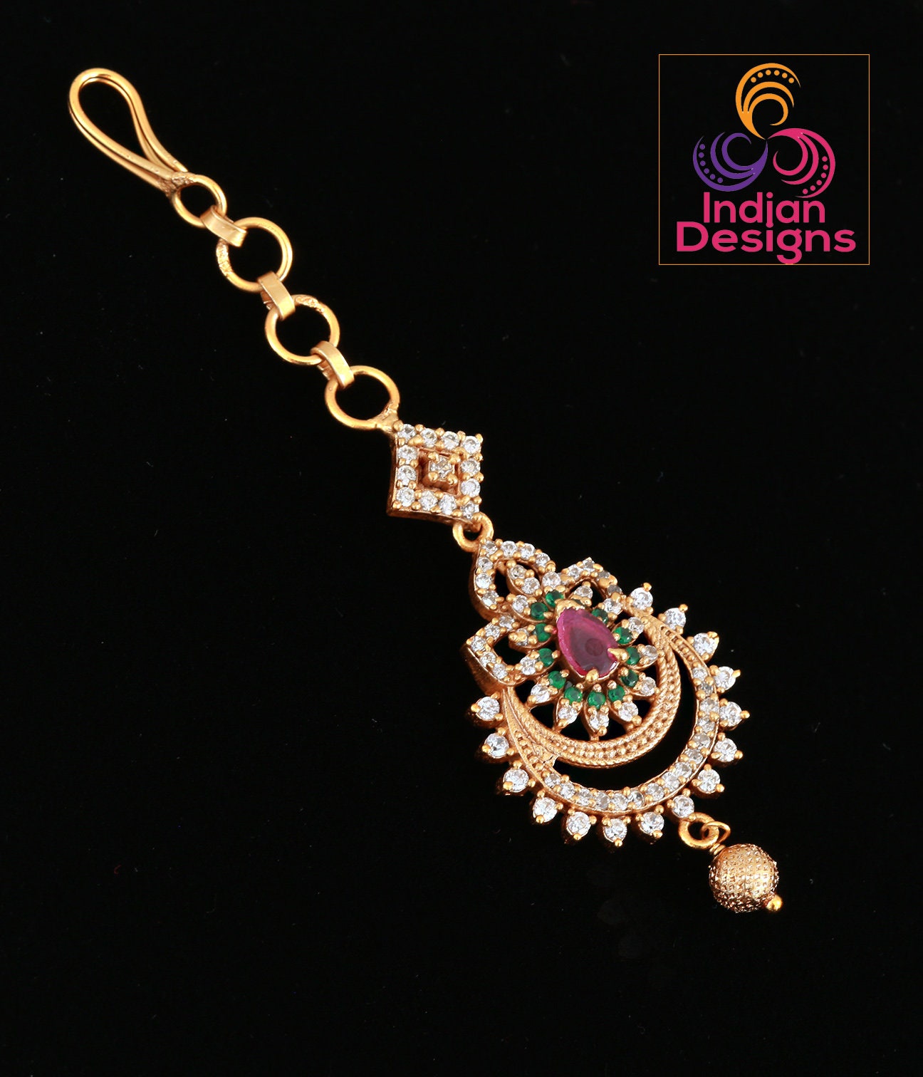 Matte Gold Finish Multicolor CZ tikka | Indian Head Piece Jewelry | AD Stones Maang Tikka | American Diamond Indian mang tikka jewelry