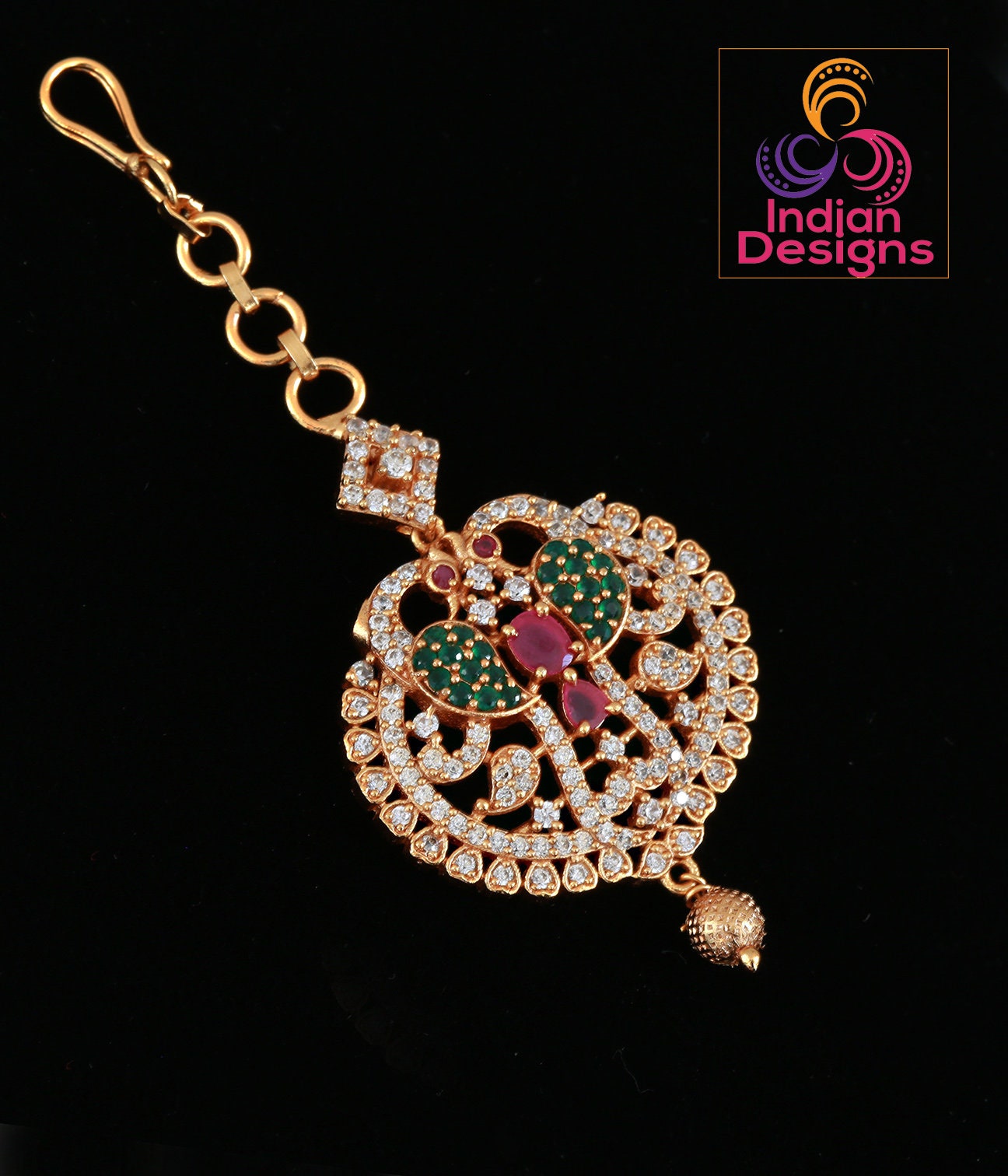 Matte Gold Finish Multicolor CZ tikka | Indian Head Piece Jewelry | AD Stones Maang Tikka | American Diamond Indian mang tikka jewelry