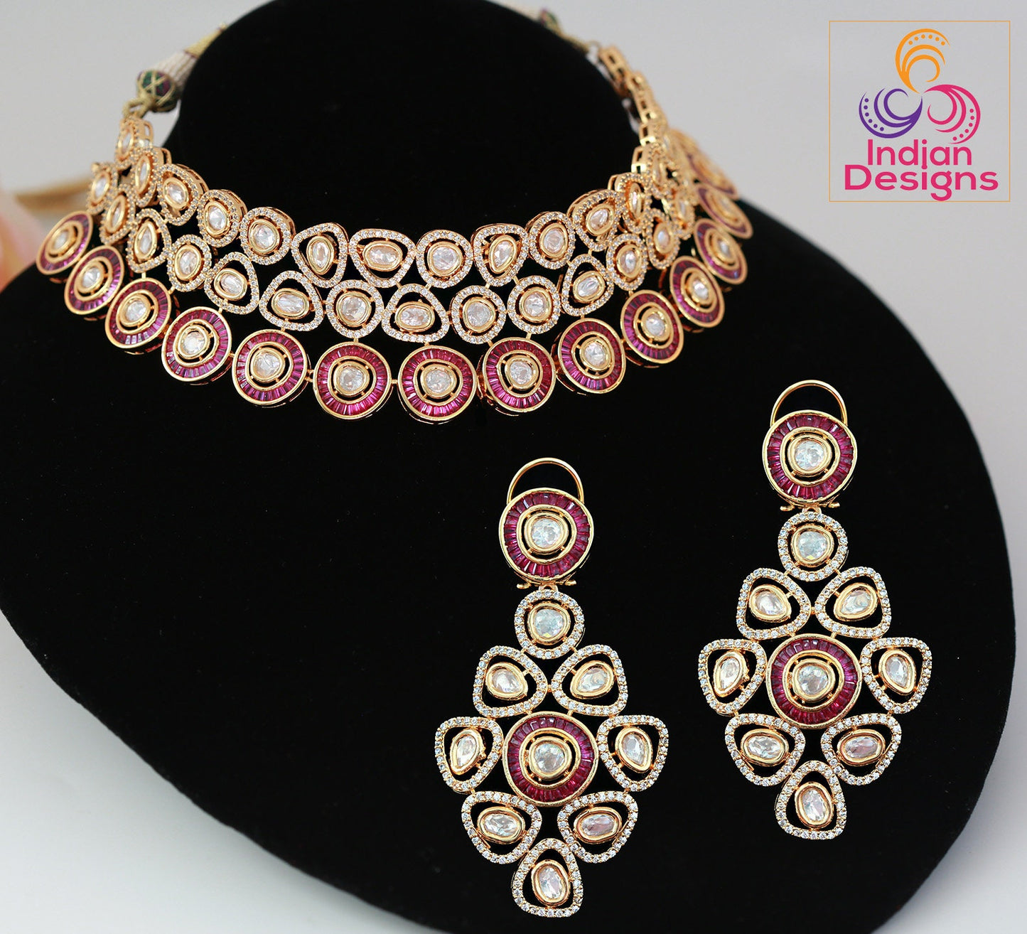 American diamond choker set | Kundan Choker Necklace Earring Set | Indian Jewelry Bridal Wedding Necklace | bollywood style choker necklace
