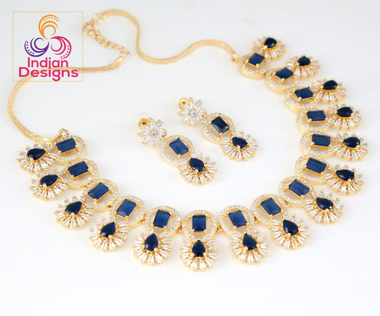 American diamond necklace set | Gold plated cubic zirconia necklace | Emerald green stone gold necklace designs | Indian Wedding Jewelry