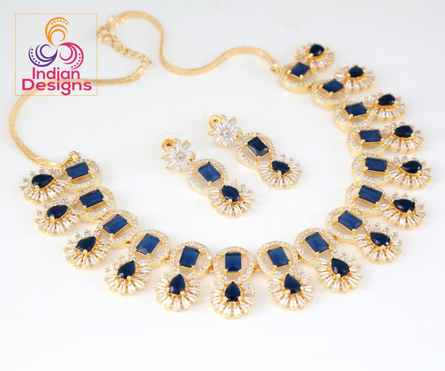American diamond necklace set | Gold plated cubic zirconia necklace | Emerald green stone gold necklace designs | Indian Wedding Jewelry