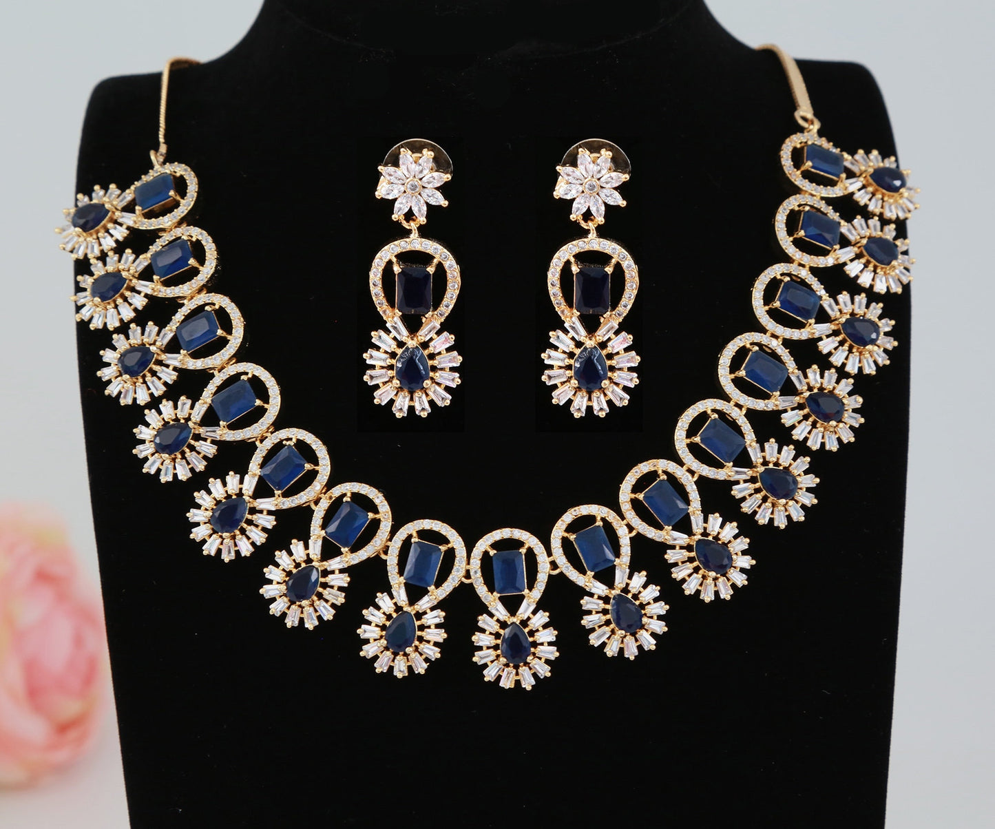 American diamond necklace set | Gold plated cubic zirconia necklace | Emerald green stone gold necklace designs | Indian Wedding Jewelry