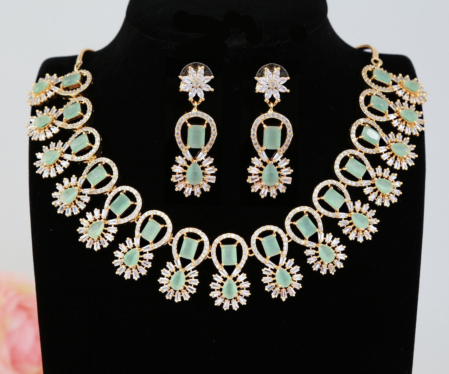 American diamond necklace set | Gold plated cubic zirconia necklace | Emerald green stone gold necklace designs | Indian Wedding Jewelry
