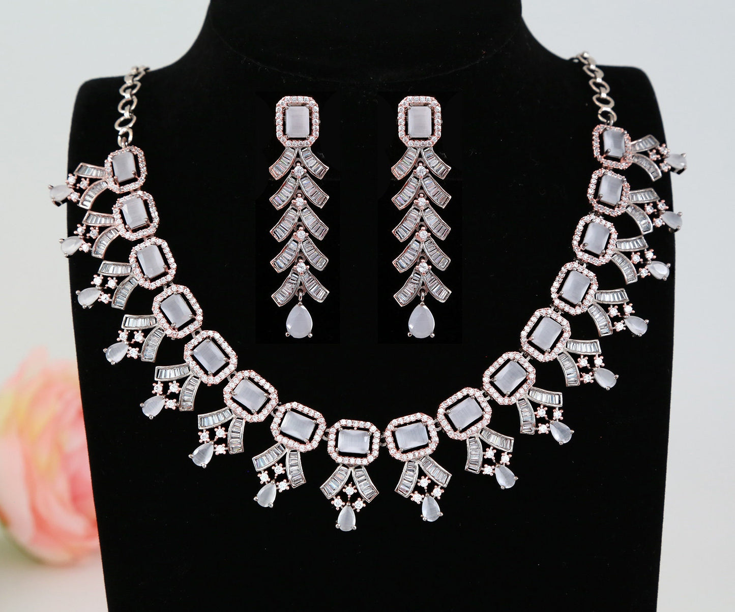 American diamond necklace set | CZ diamond bridal necklace set | Emerald cut AD stone necklace designs | Indian Bollywood wedding jewelry