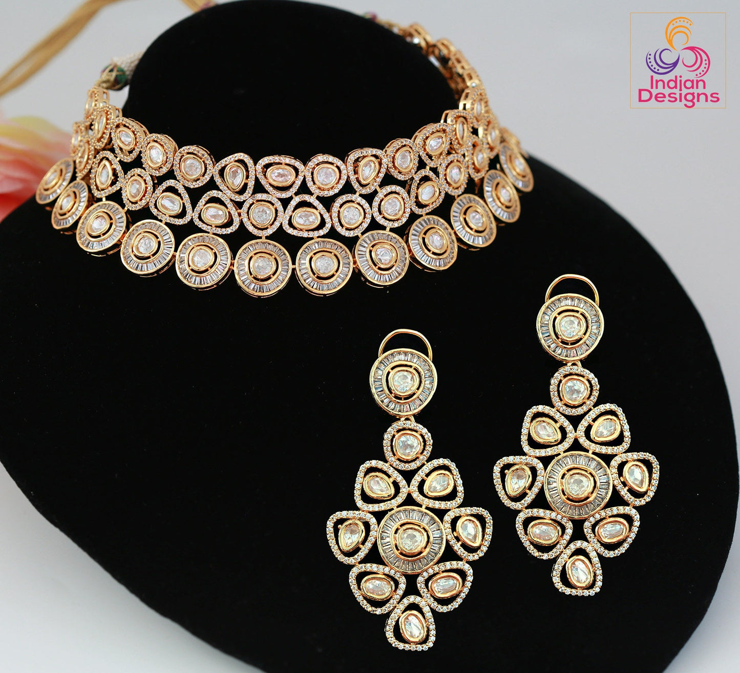 American diamond choker set | Kundan Choker Necklace Earring Set | Indian Jewelry Bridal Wedding Necklace | bollywood style choker necklace