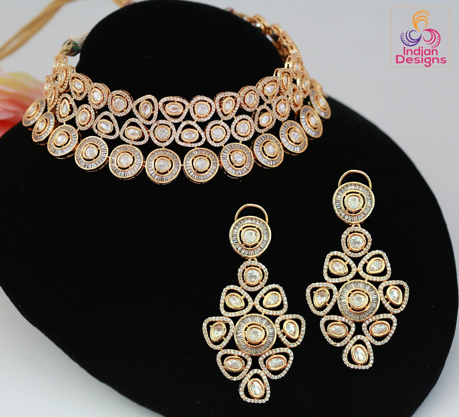 American diamond choker set | Kundan Choker Necklace Earring Set | Indian Jewelry Bridal Wedding Necklace | bollywood style choker necklace