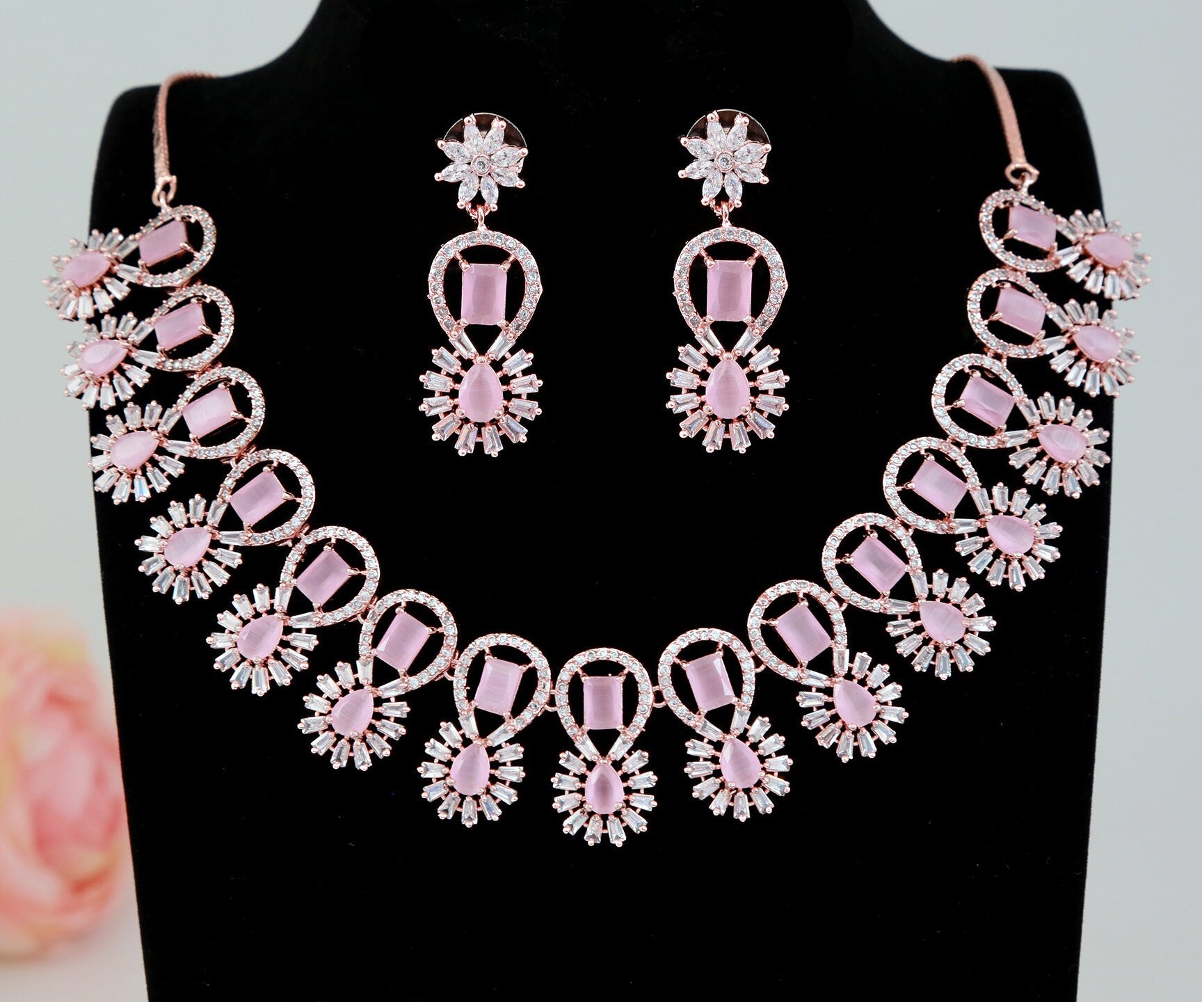 American diamond necklace set | Gold plated cubic zirconia necklace | Emerald green stone gold necklace designs | Indian Wedding Jewelry