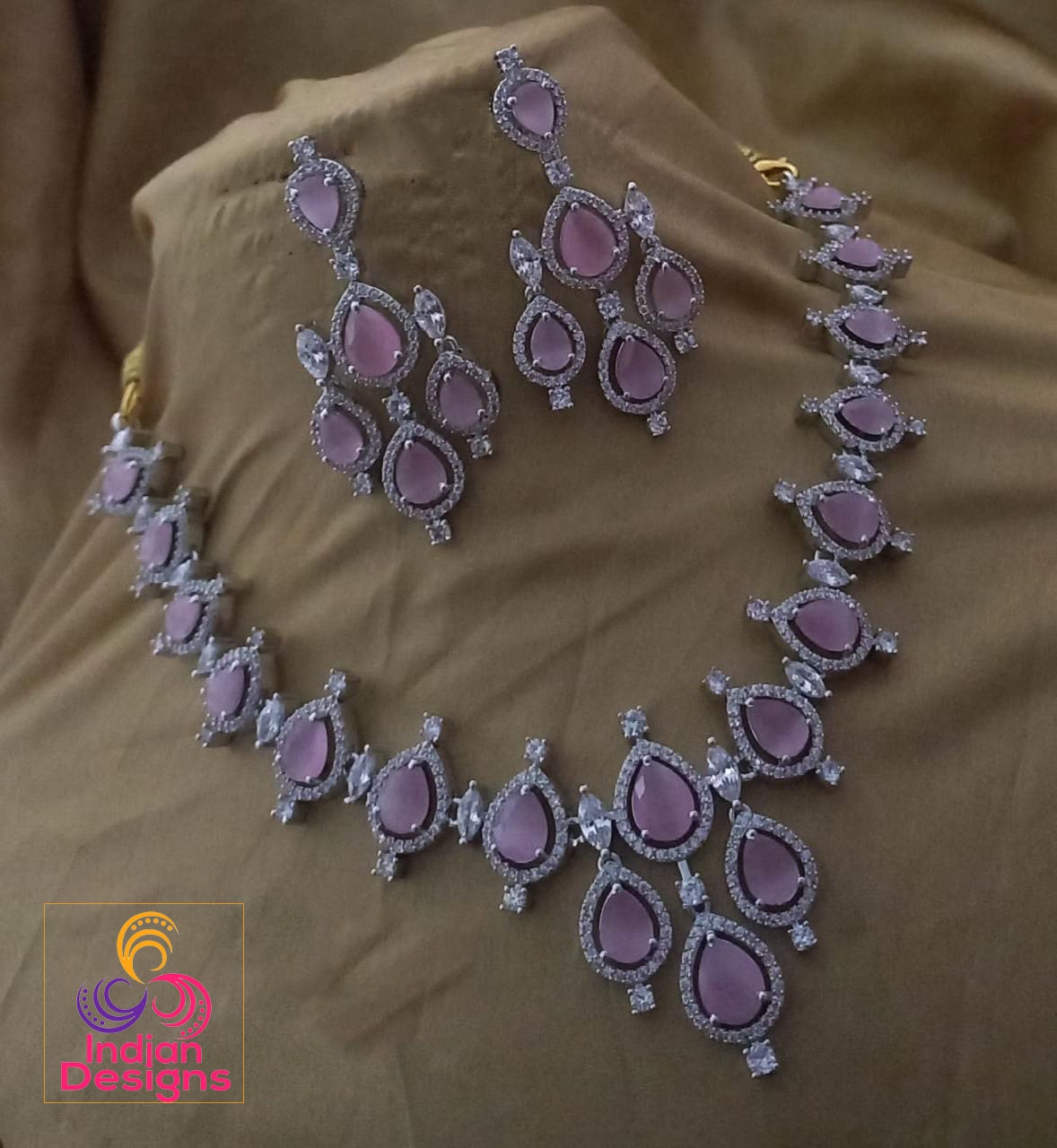 Rose gold Diamond necklace and earring set | American Diamond teardrop stone necklace Rose gold | Indian CZ Crystal necklace earring sets