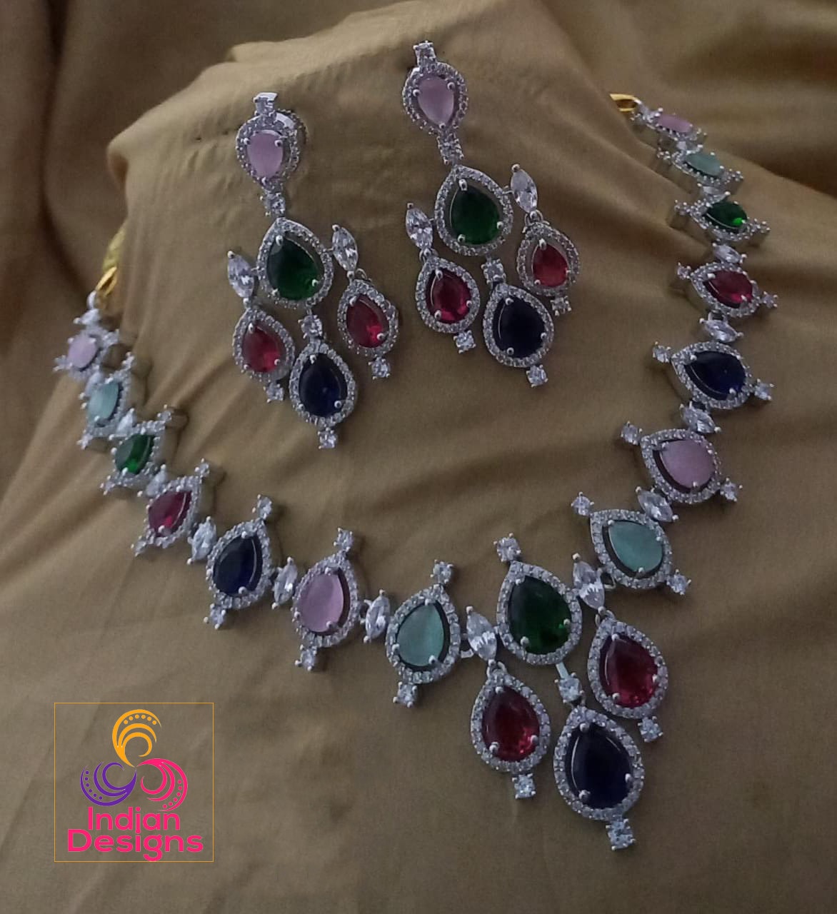 Rose gold Diamond necklace and earring set | American Diamond teardrop stone necklace Rose gold | Indian CZ Crystal necklace earring sets