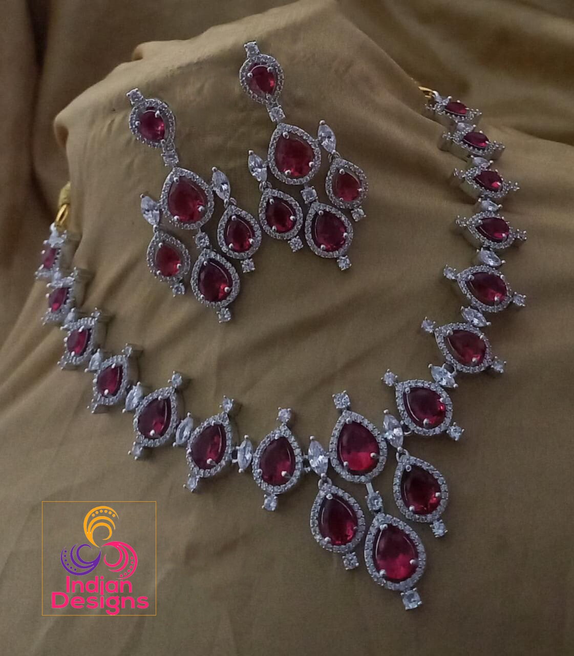 Rose gold Diamond necklace and earring set | American Diamond teardrop stone necklace Rose gold | Indian CZ Crystal necklace earring sets