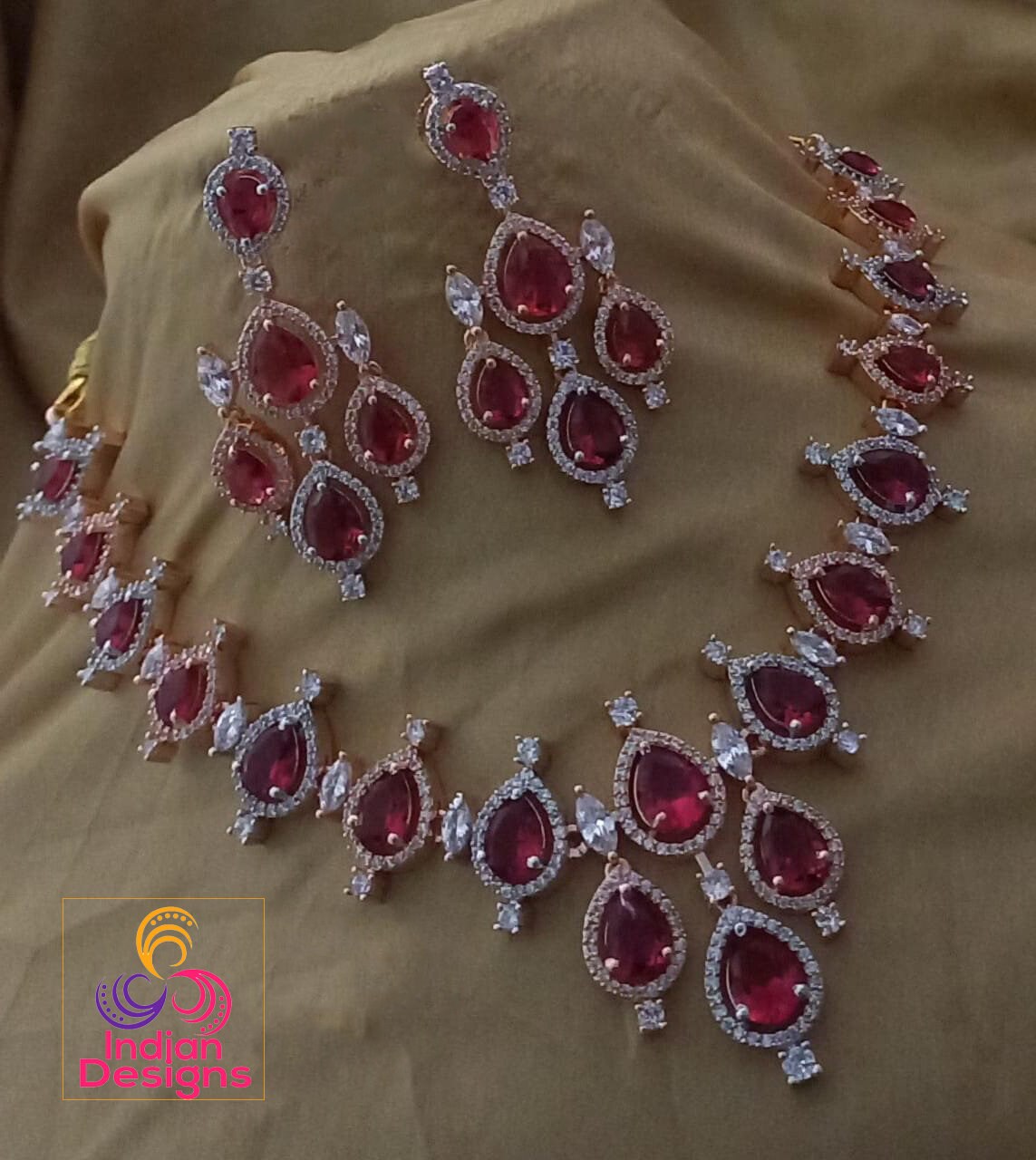 Rose gold Diamond necklace and earring set | American Diamond teardrop stone necklace Rose gold | Indian CZ Crystal necklace earring sets