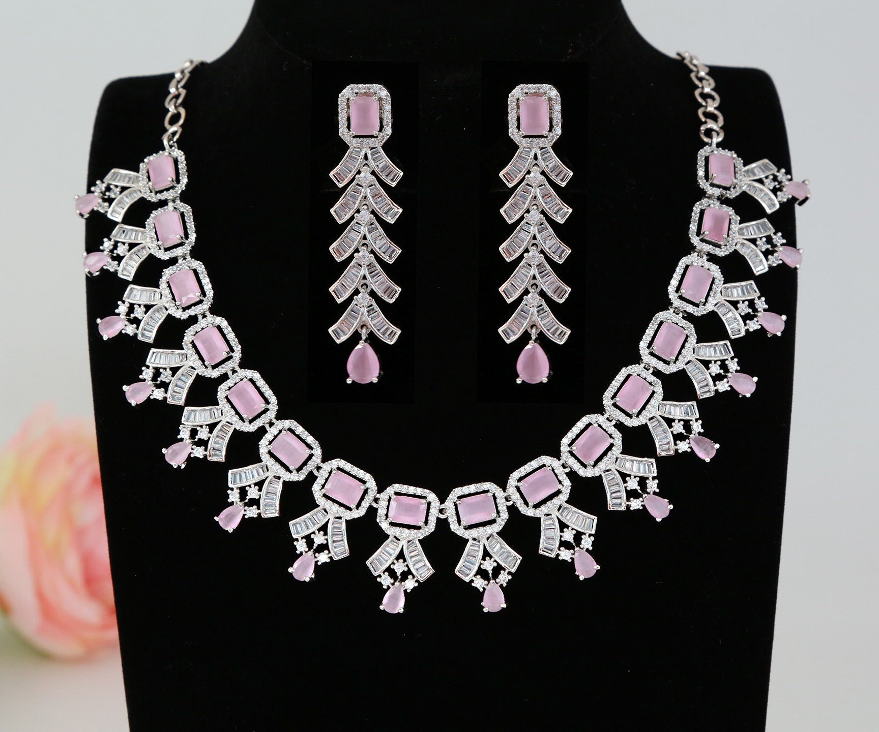 American diamond necklace set | CZ diamond bridal necklace set | Emerald cut AD stone necklace designs | Indian Bollywood wedding jewelry