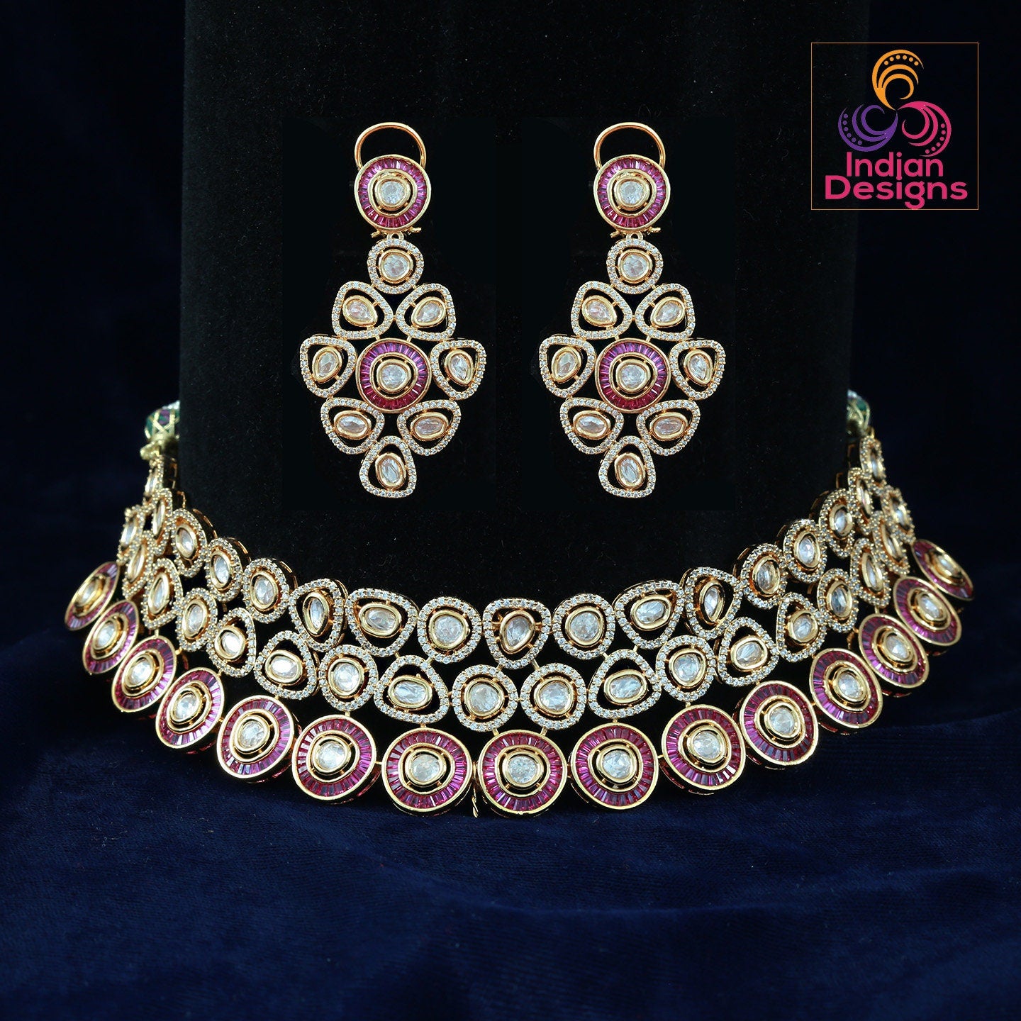 American diamond choker set | Kundan Choker Necklace Earring Set | Indian Jewelry Bridal Wedding Necklace | bollywood style choker necklace