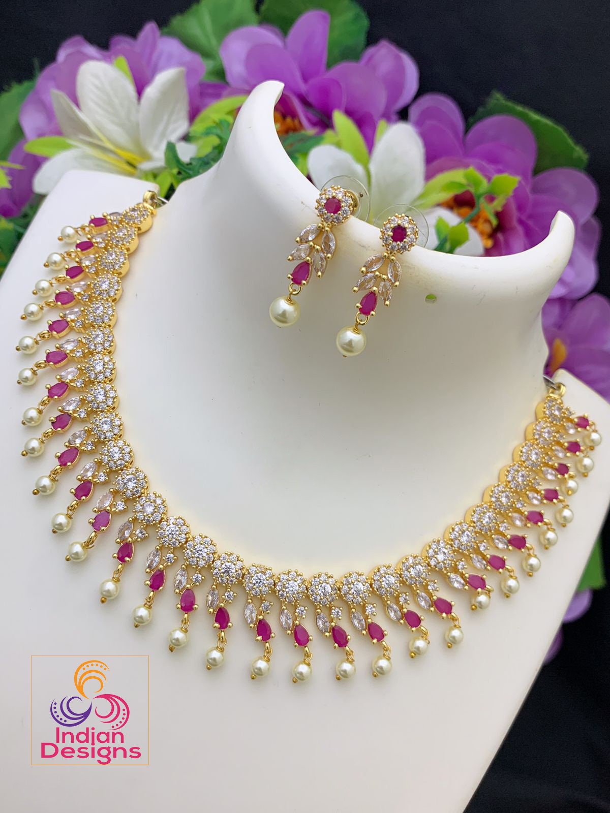 American diamond necklace set | Indian bridal necklace set online | gold-plated AD necklace set with earrings | Multi color crystal necklace