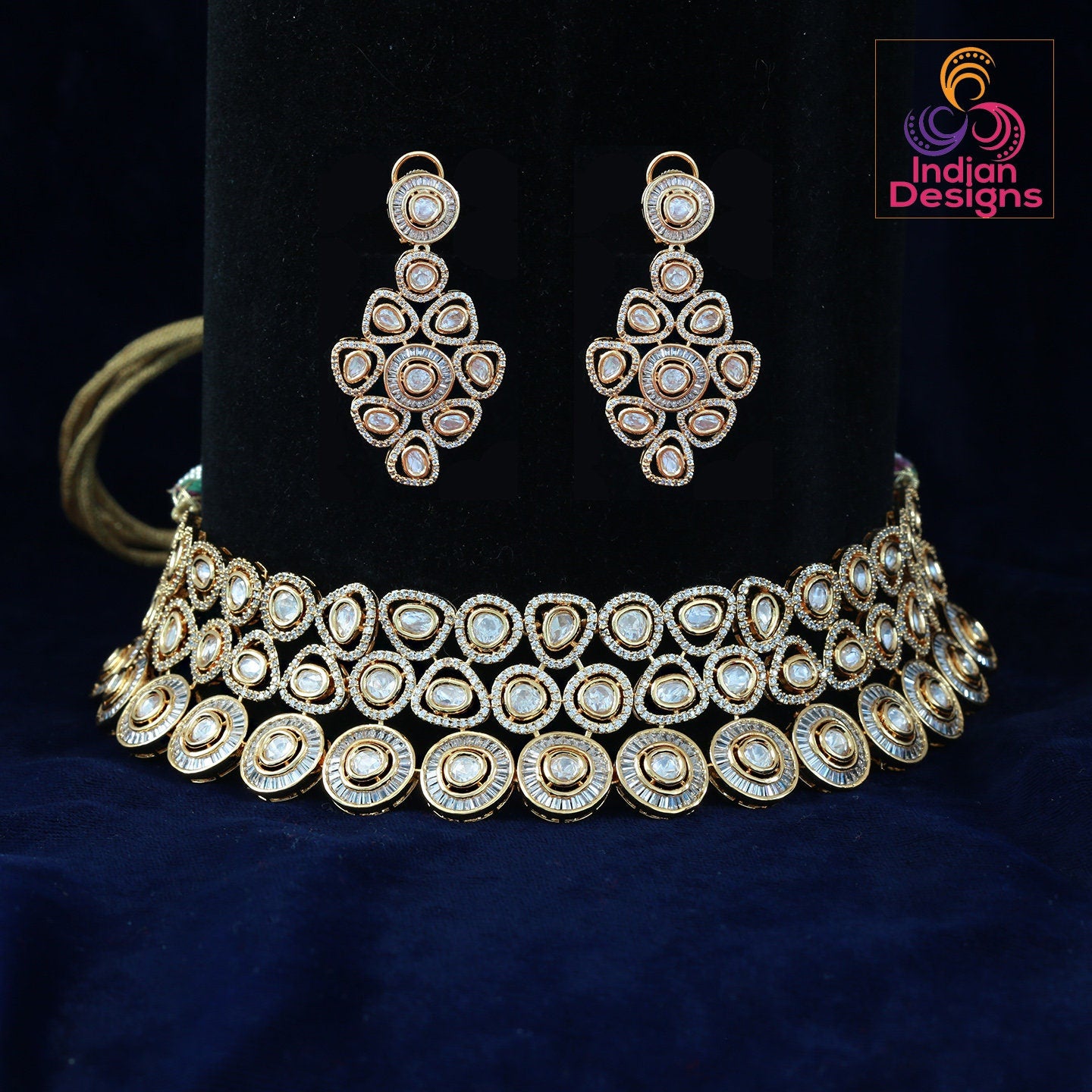 American diamond choker set | Kundan Choker Necklace Earring Set | Indian Jewelry Bridal Wedding Necklace | bollywood style choker necklace