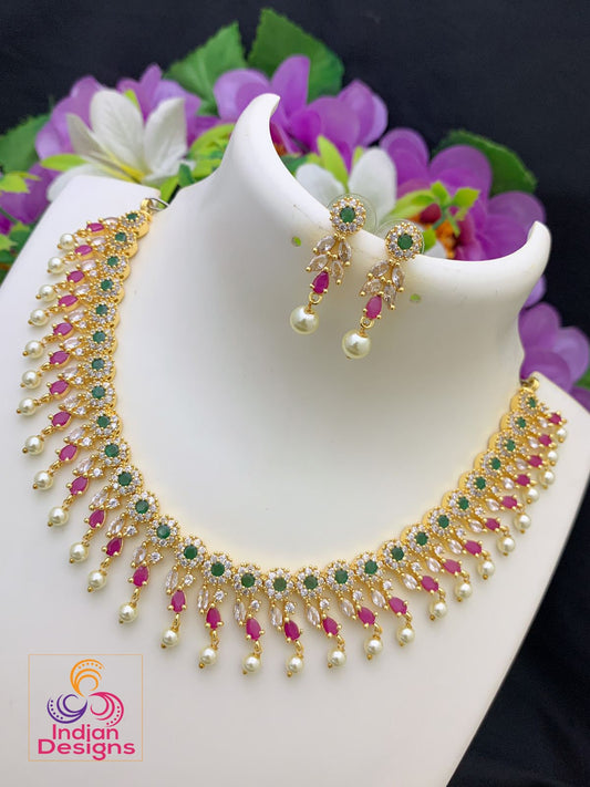 American diamond necklace set | Indian bridal necklace set online | gold-plated AD necklace set with earrings | Multi color crystal necklace