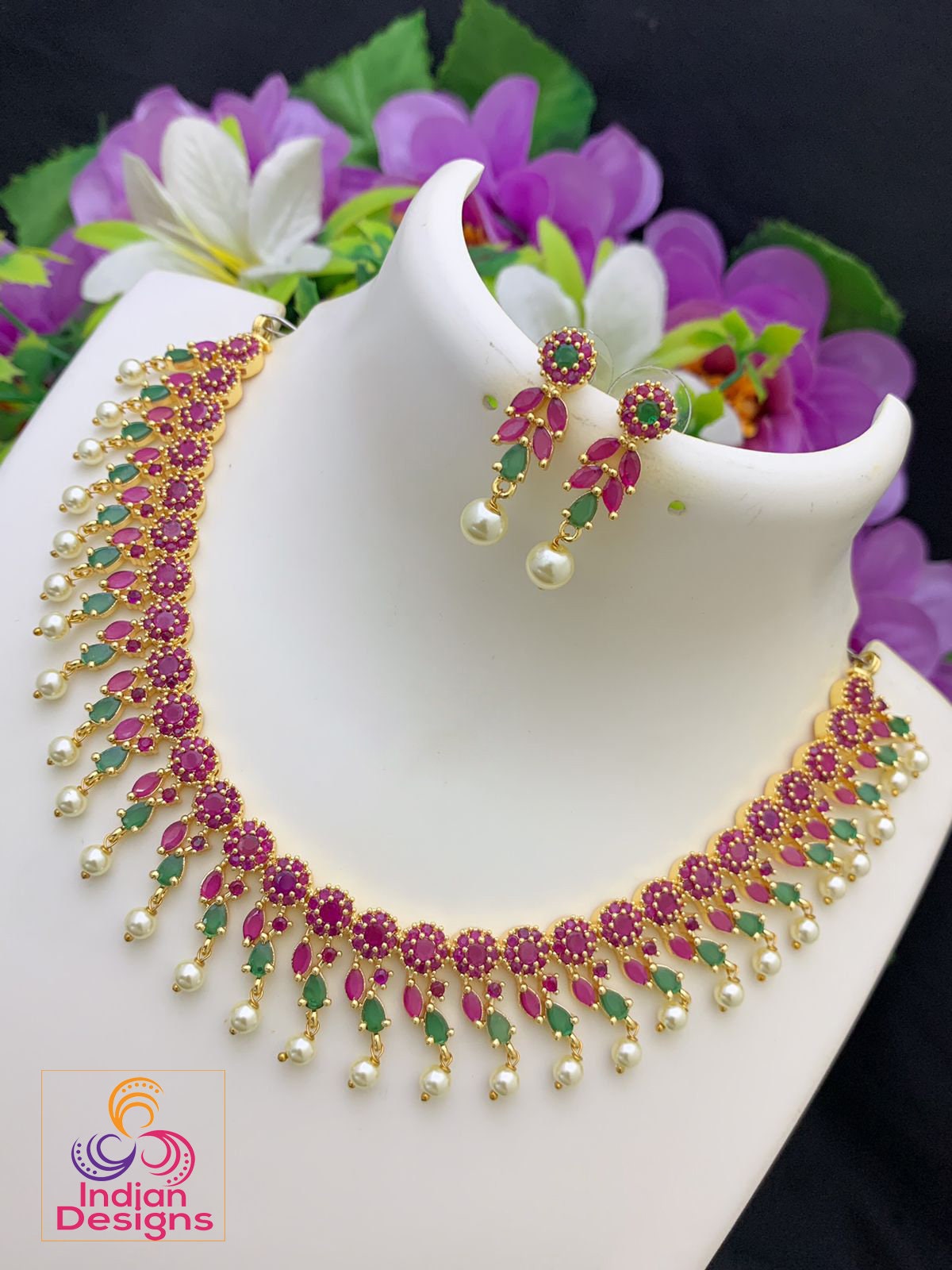 American diamond necklace set | Indian bridal necklace set online | gold-plated AD necklace set with earrings | Multi color crystal necklace