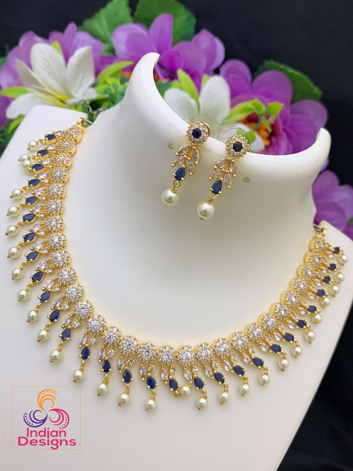 American diamond necklace set | Indian bridal necklace set online | gold-plated AD necklace set with earrings | Multi color crystal necklace