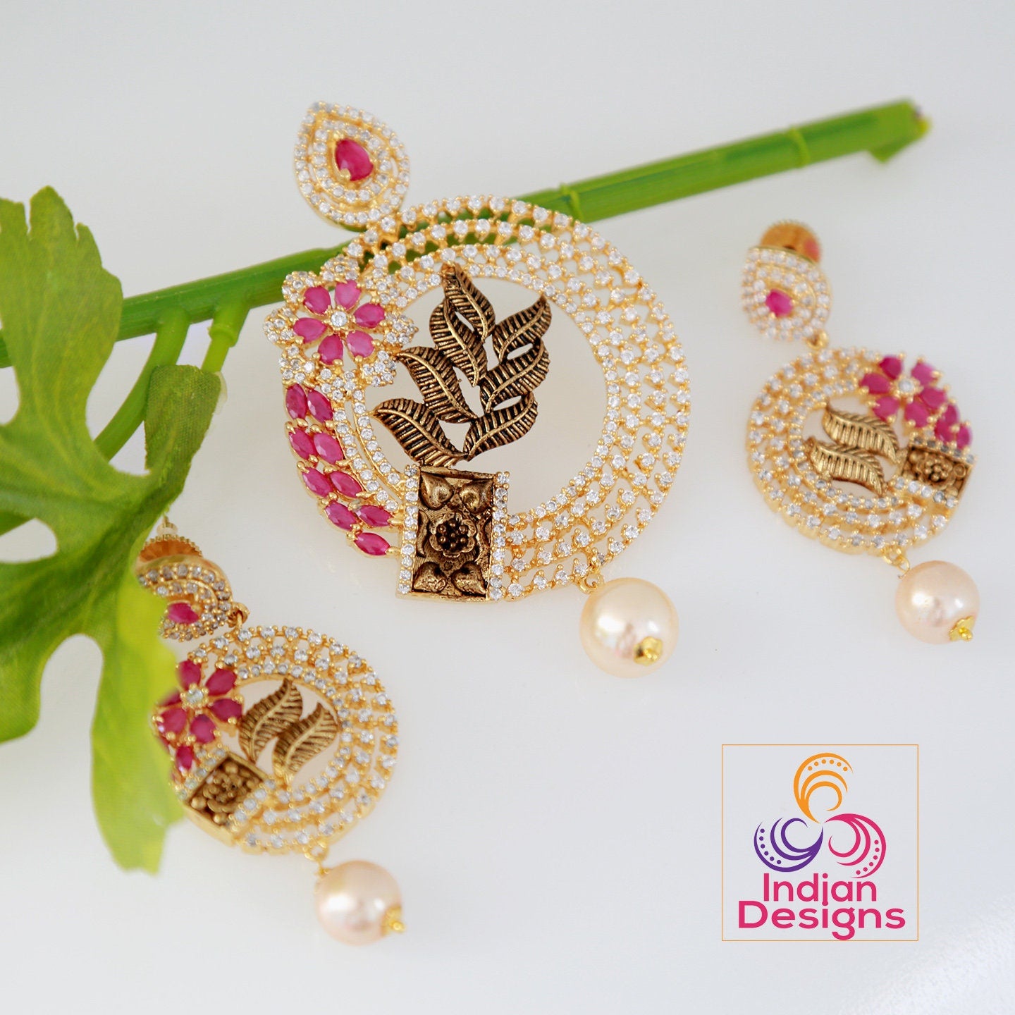 Floral art pendant | American Diamond Pendant Set with Ruby Blue Sapphire and White Stones | Finish Gold plated pendant set | Indian jewelry