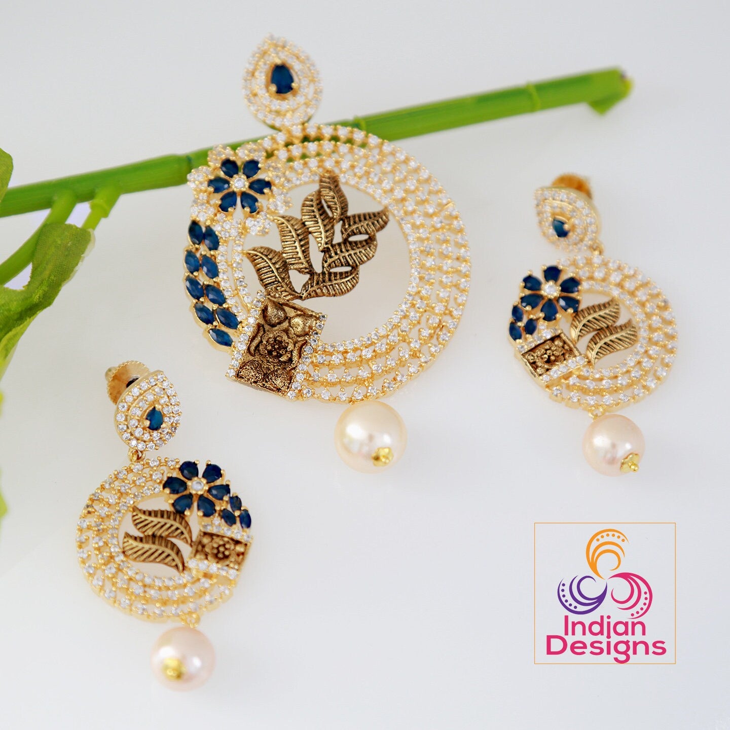 Floral art pendant | American Diamond Pendant Set with Ruby Blue Sapphire and White Stones | Finish Gold plated pendant set | Indian jewelry