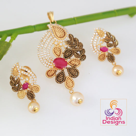 Floral art pendant | American Diamond Two tone gold Polish Pendant Set with Ruby and White Stones | Gold plated pendant set | Indian jewelry