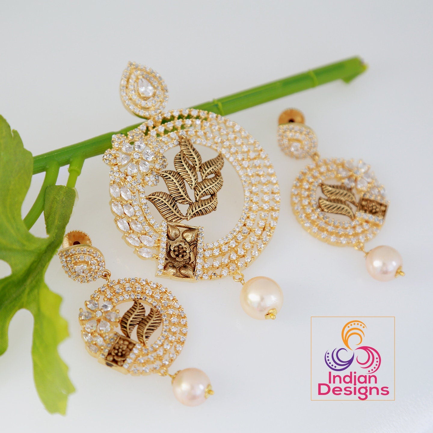 Floral art pendant | American Diamond Pendant Set with Ruby Blue Sapphire and White Stones | Finish Gold plated pendant set | Indian jewelry