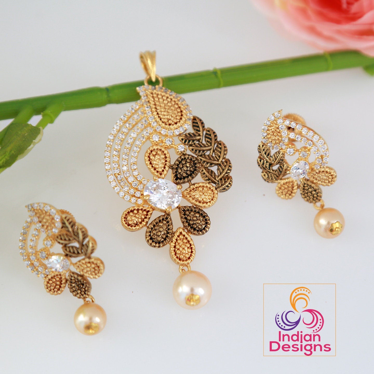 Floral art pendant | American Diamond Two tone gold Polish Pendant Set with Ruby and White Stones | Gold plated pendant set | Indian jewelry