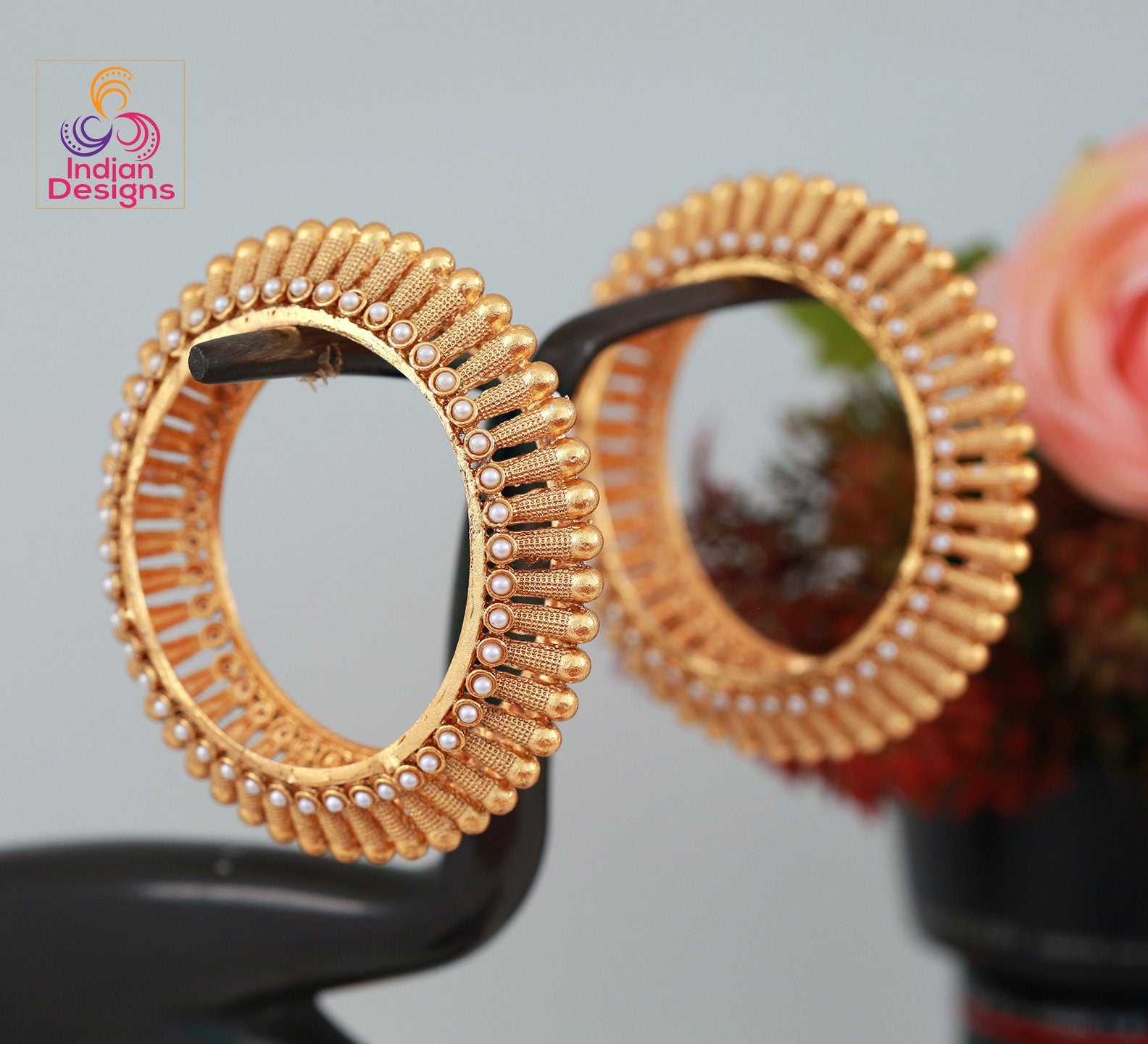 Gold plated kada bangles for ladies | Screw openable Polki kada bangle | Pair of Indian Wedding bangles studded with Ruby white round stones