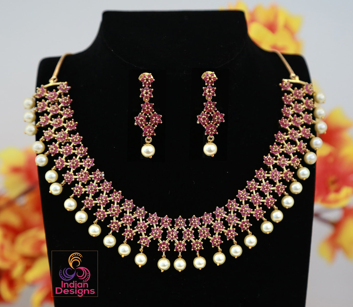 Bridal Choker Flower Gold Plated AD Semi Precious White stone Necklace Set | CZ AD color stone Wedding Jewelry | Bollywood style choker set