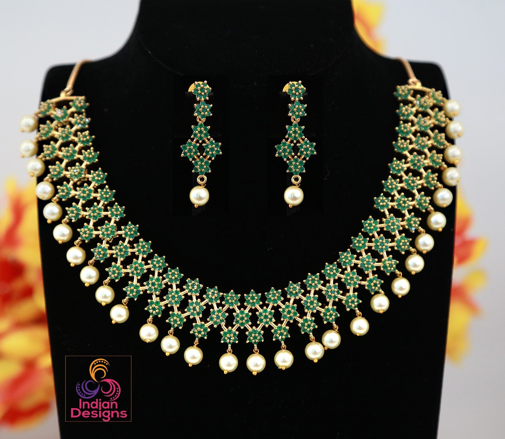 Bridal Choker Flower Gold Plated AD Semi Precious White stone Necklace Set | CZ AD color stone Wedding Jewelry | Bollywood style choker set