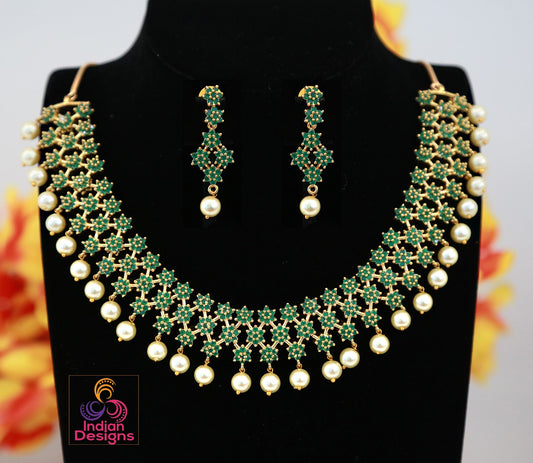 Bridal Choker Flower Gold Plated AD Semi Precious White stone Necklace Set | CZ AD color stone Wedding Jewelry | Bollywood style choker set