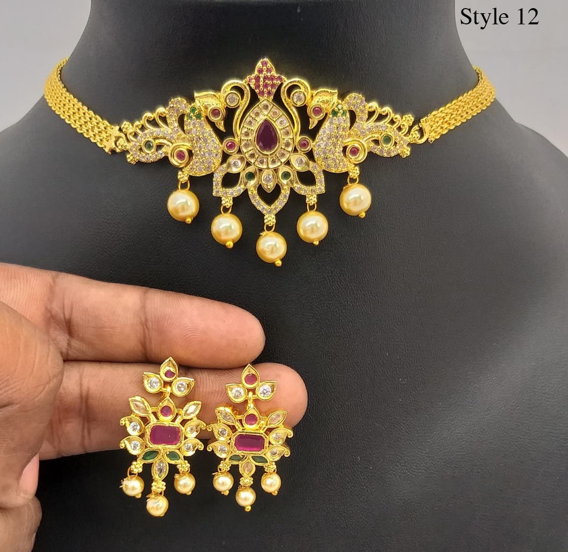 South Indian gold choker necklace designs| Small gold choker necklace designs with Pearl drops and AD stones| American Diamond Necklace