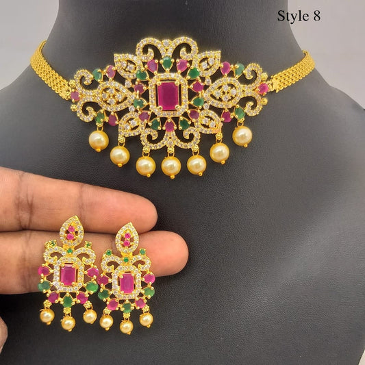South Indian choker necklace designs | Small gold choker necklace designs with Pearl drops and AD stones | American Diamond Necklace online
