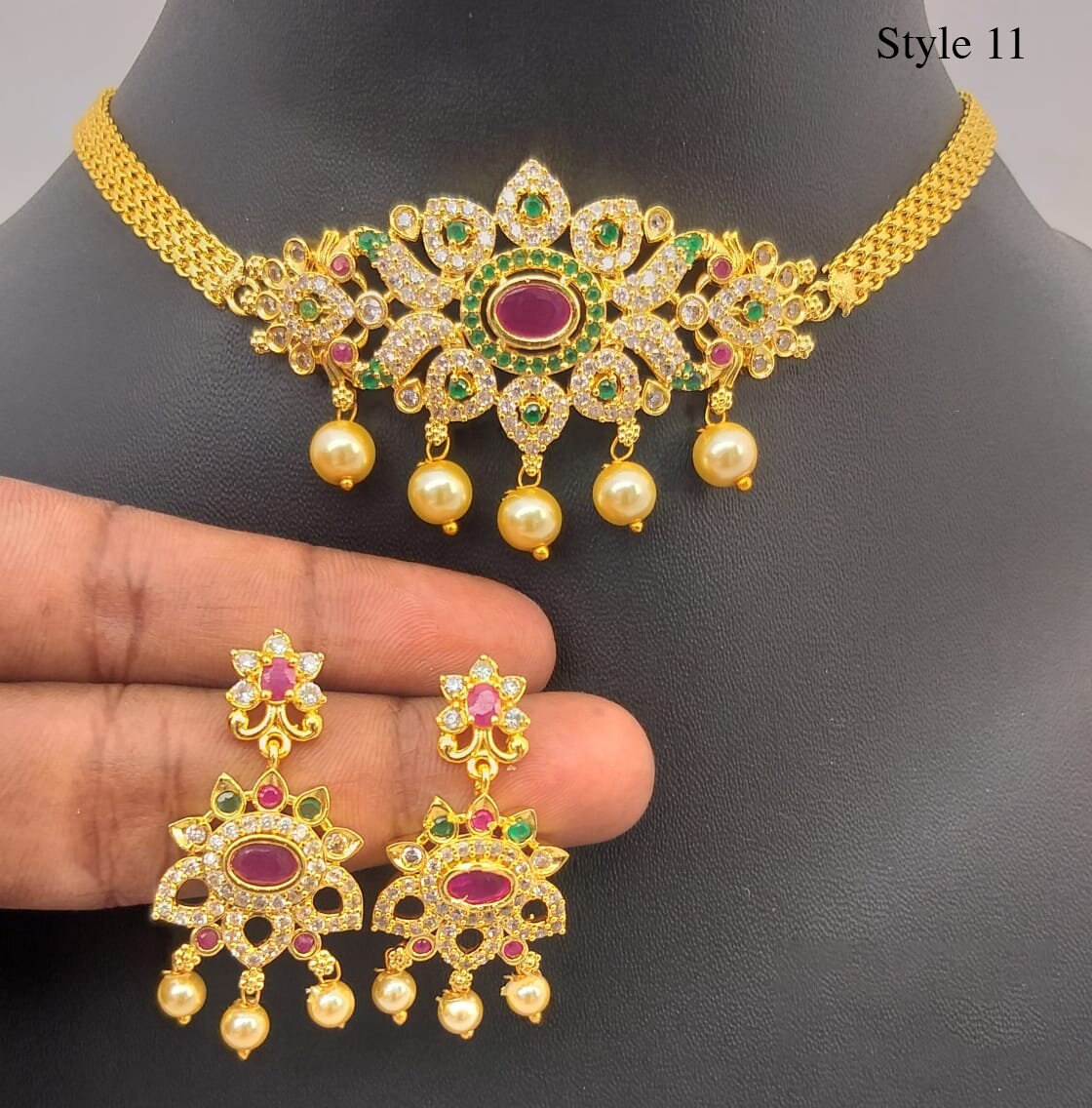 South Indian choker necklace designs | Small gold choker necklace designs with Pearl drops and AD stones | American Diamond Necklace online