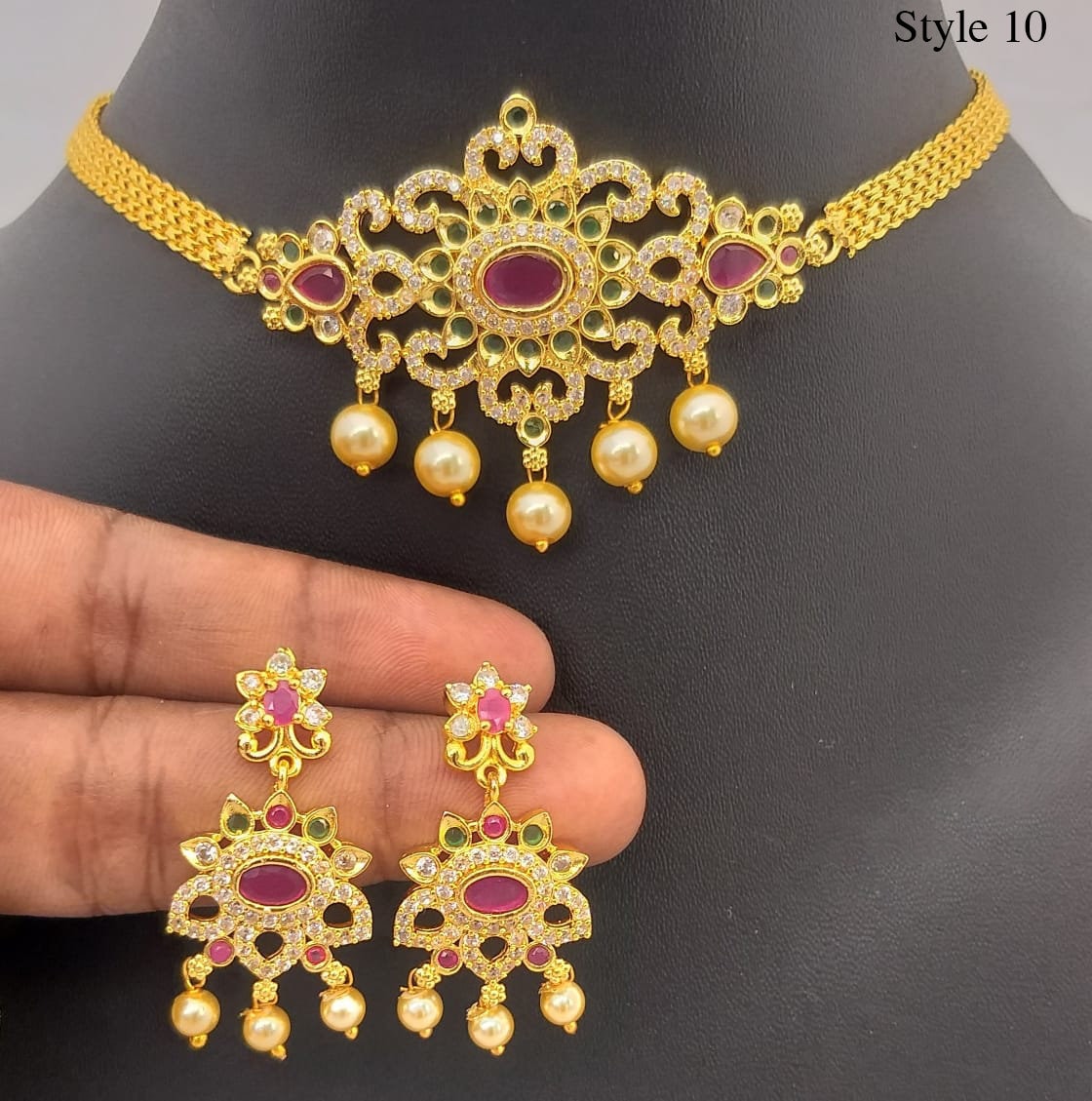 South Indian choker necklace designs | Small gold choker necklace designs with Pearl drops and AD stones | American Diamond Necklace online