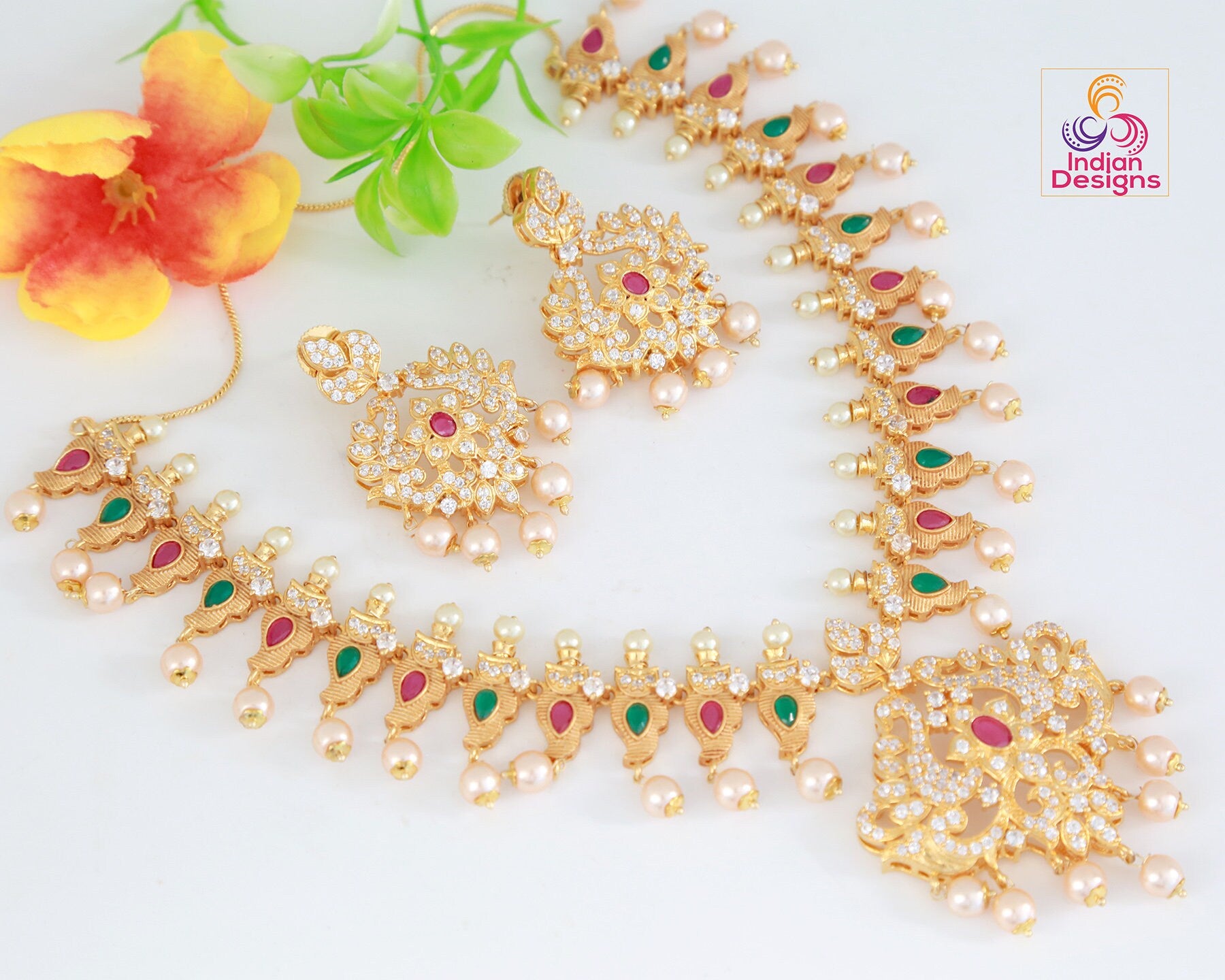 Matte finish gold Plated necklace and earring set, South Indian temple jewelry mango design necklace, ruby emerald necklace with Pearl drops