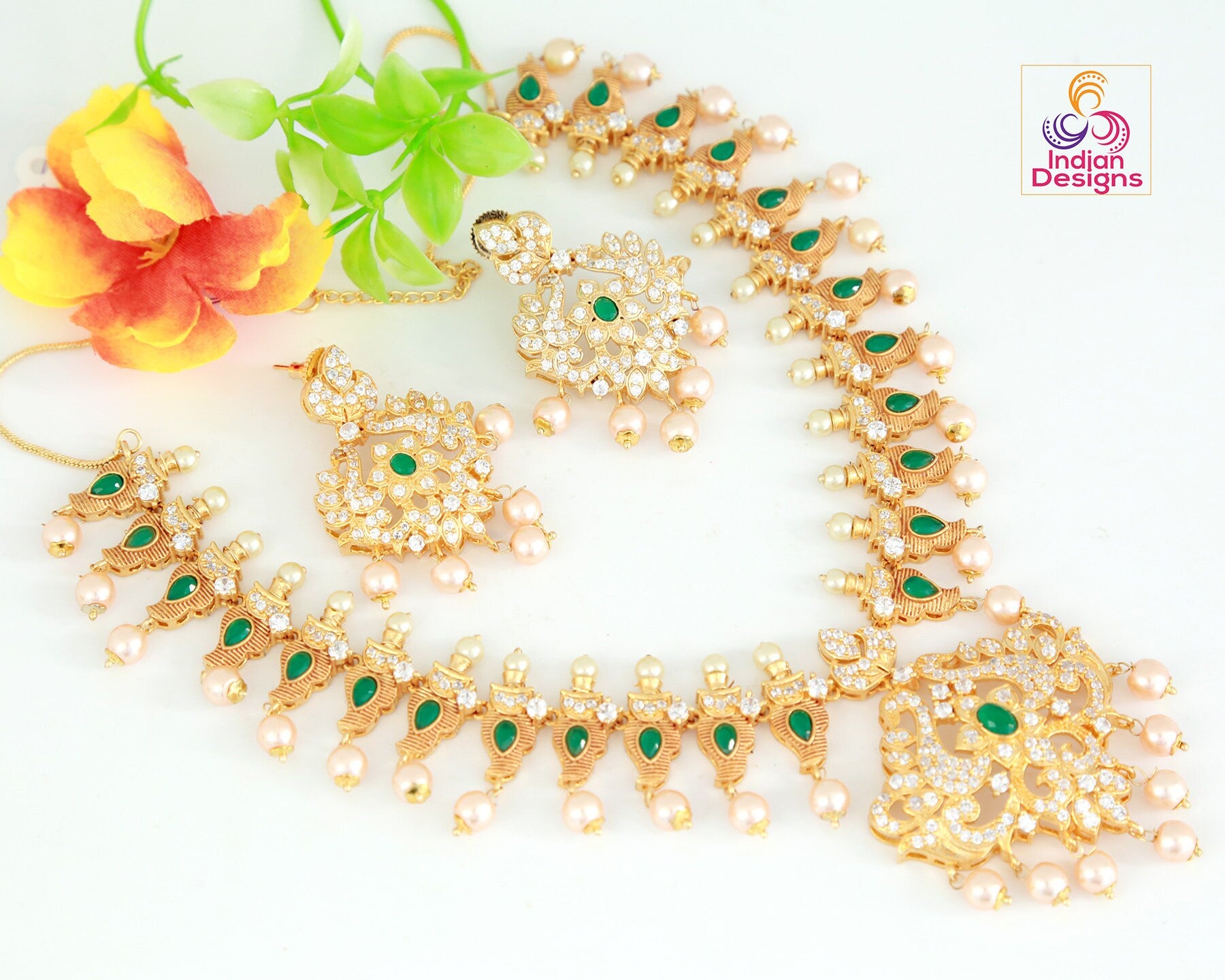 Matte finish gold Plated necklace and earring set, South Indian temple jewelry mango design necklace, ruby emerald necklace with Pearl drops