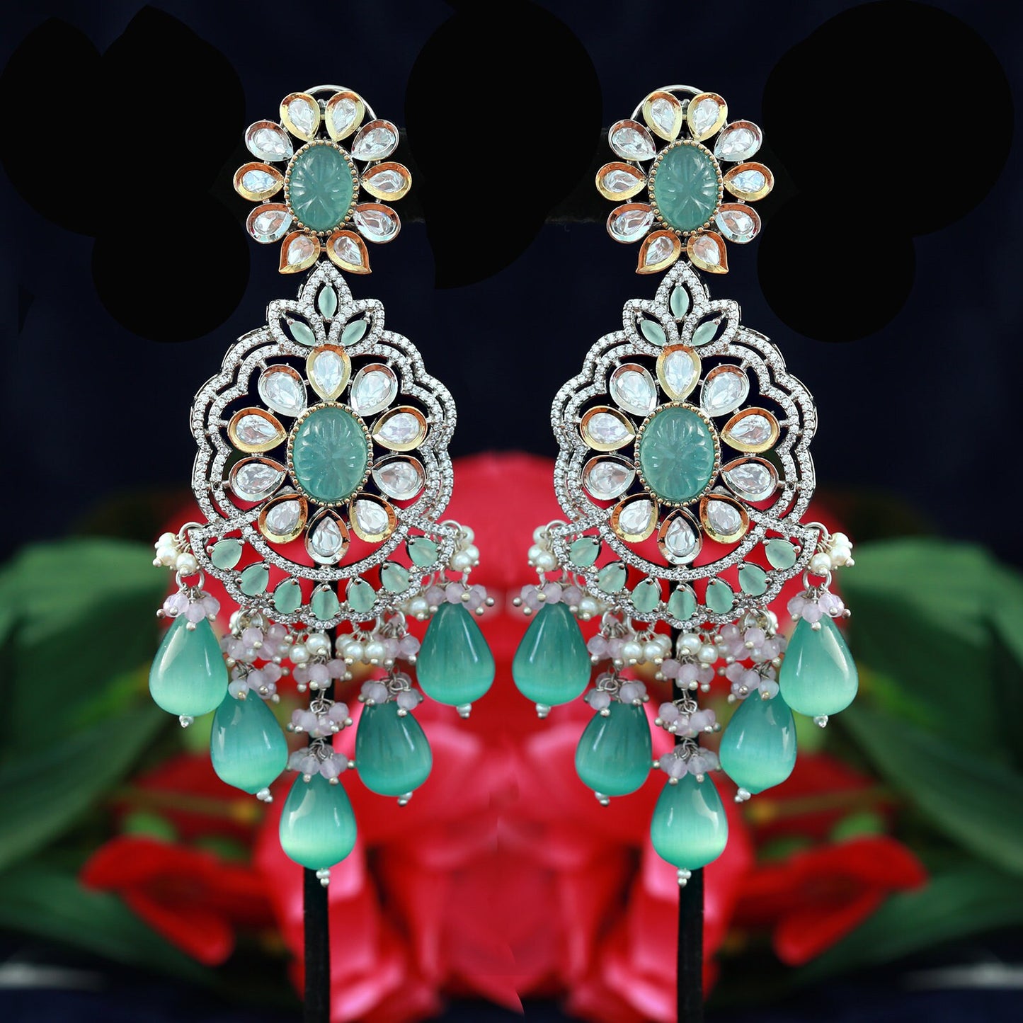 Handmade Real Kundan Wedding Earrings | Bridal Kundan Earring set|American Diamond Large Indian Wedding chandelier earrings|Punjabi Earrings