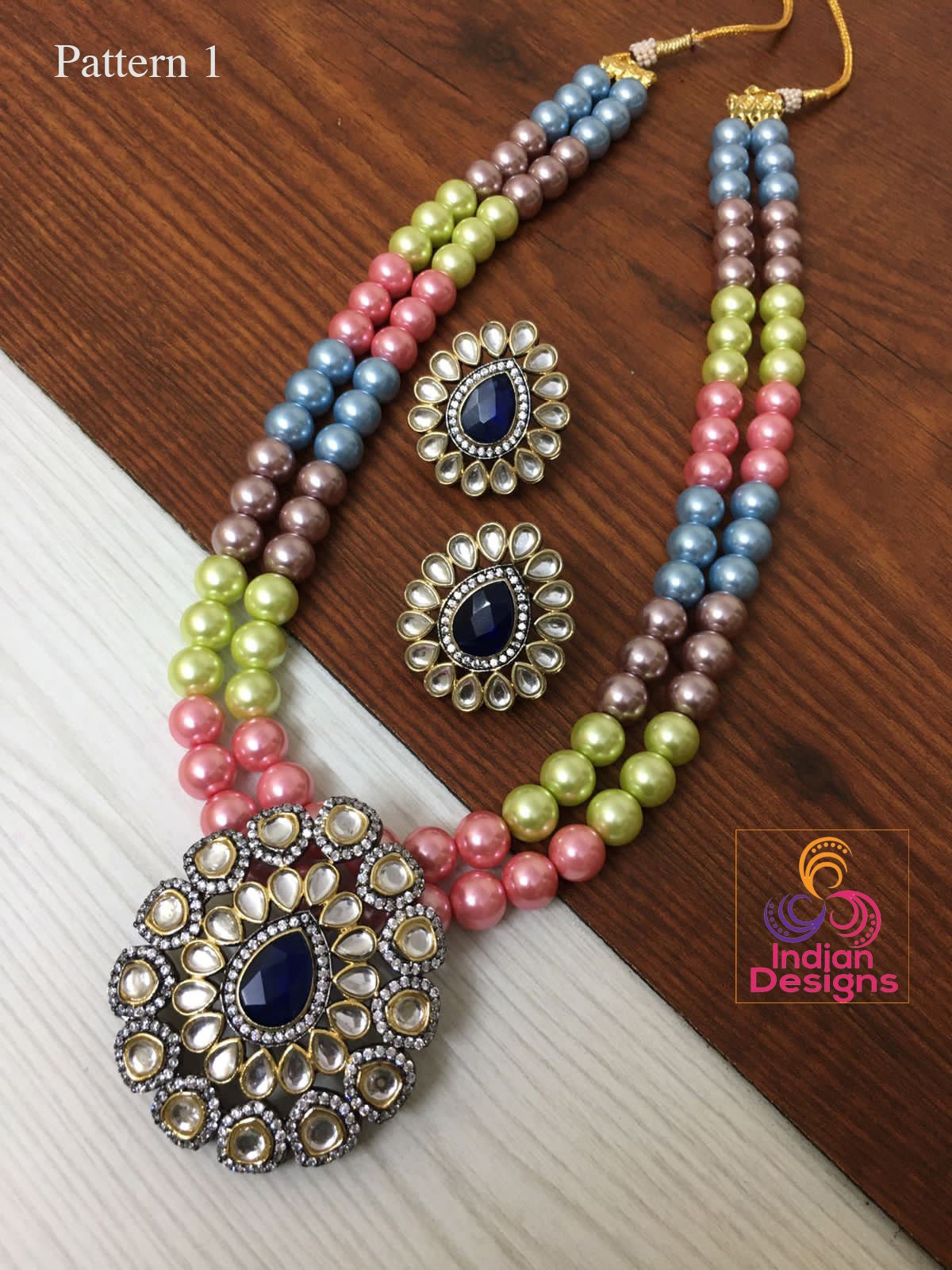 Multi color bead necklace Kundan Pendant Set | American Diamond Kundan Pendant-Blue stone | Multi color beads Antique gold Pendant necklace