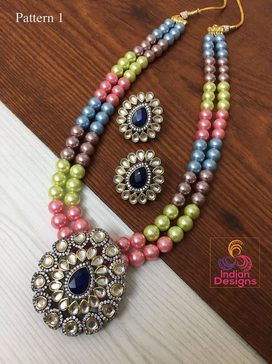 Multi color bead necklace Kundan Pendant Set | American Diamond Kundan Pendant-Blue stone | Multi color beads Antique gold Pendant necklace