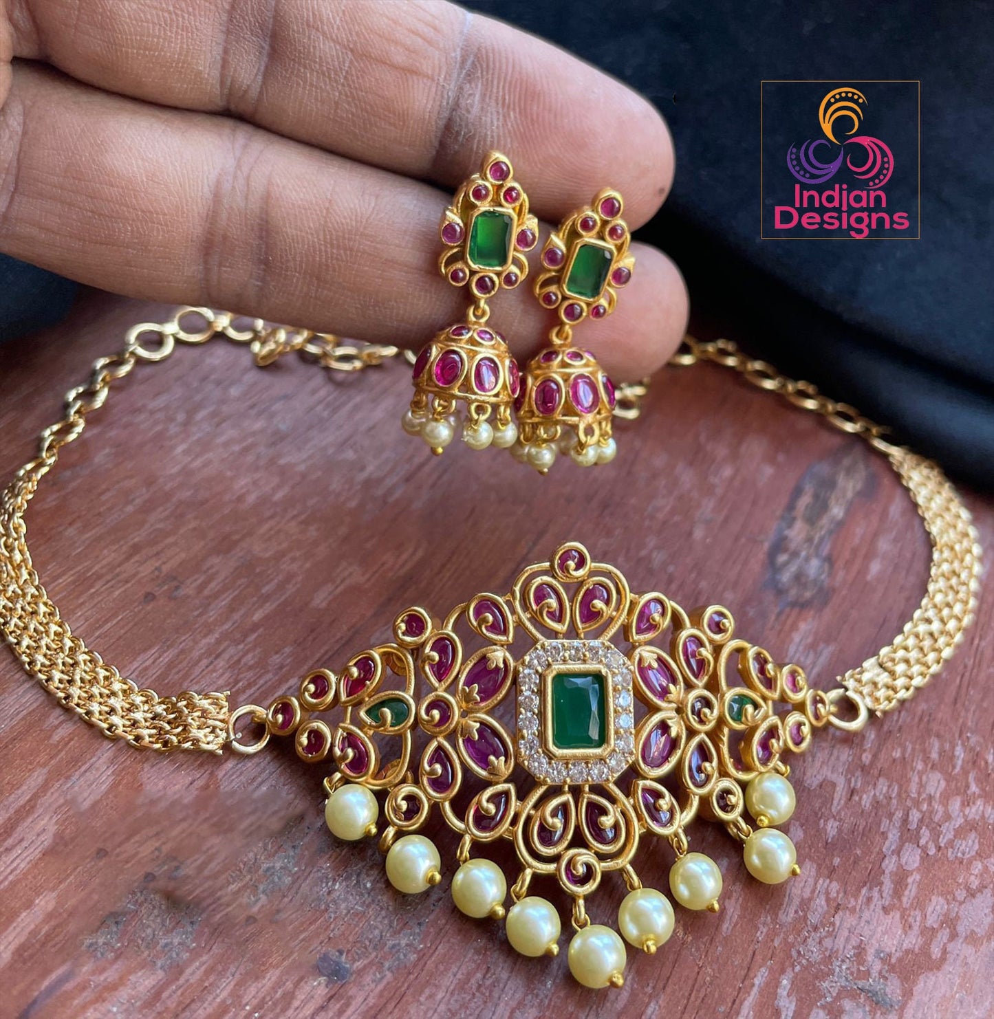 Real Kemp Green and Ruby Stone Matte finish choker with small Jhumka South Indian | American Diamond Simple gold choker with Pearl drops