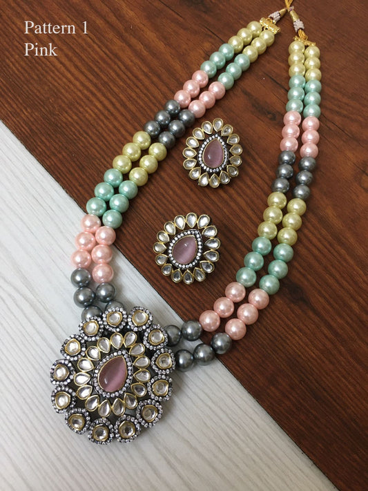 Multi color bead necklace Kundan Pendant Set | American Diamond Kundan Pendant Earrings | Multi color beads Antique gold Pendant necklace