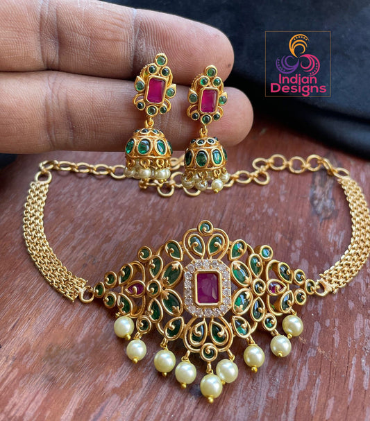 Real Kemp Green and Ruby Stone Matte finish choker with small Jhumka South Indian | American Diamond Simple gold choker with Pearl drops
